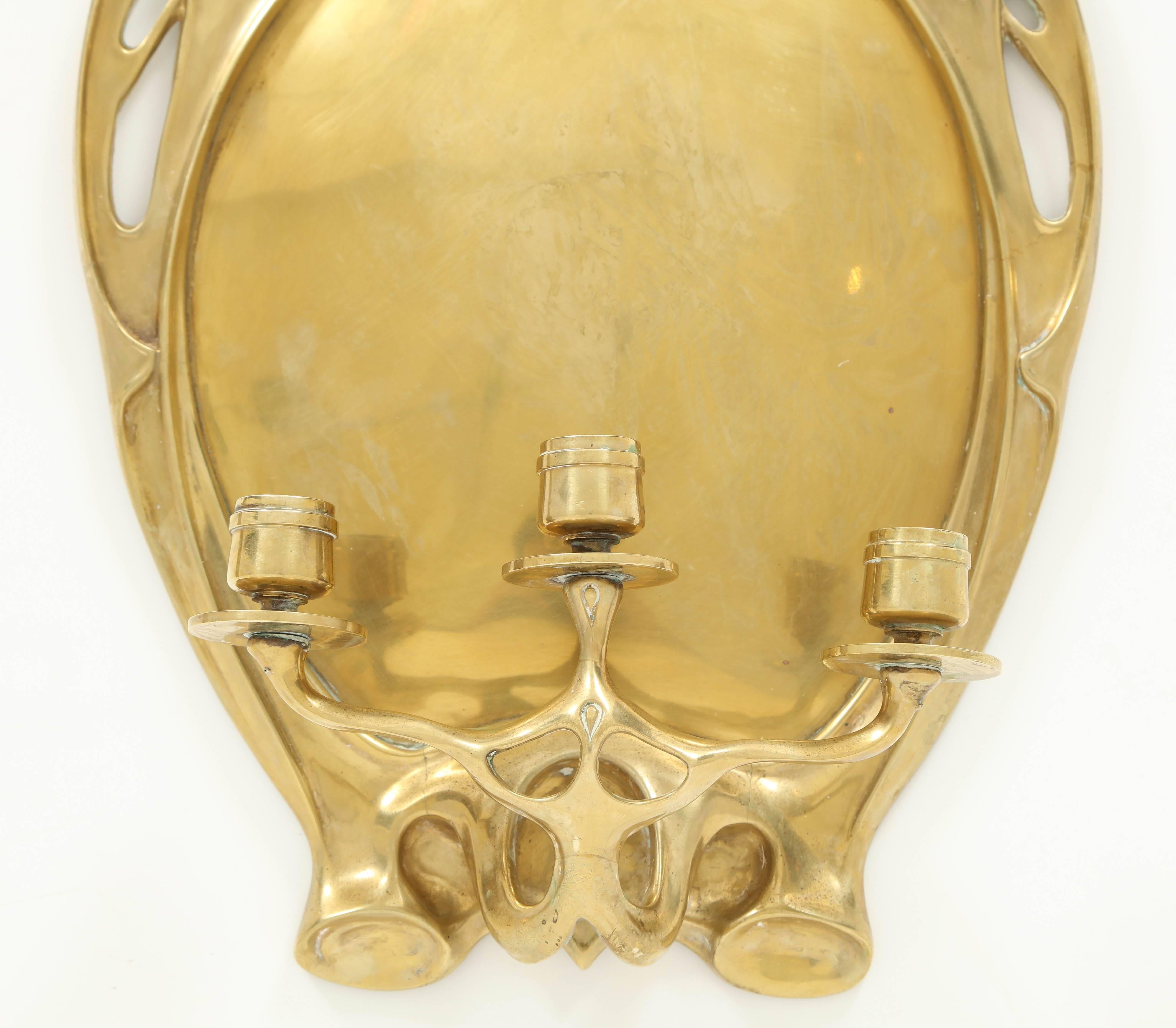 Pair of Art Nouveau Brass Candle Sconces In Good Condition For Sale In New York, NY