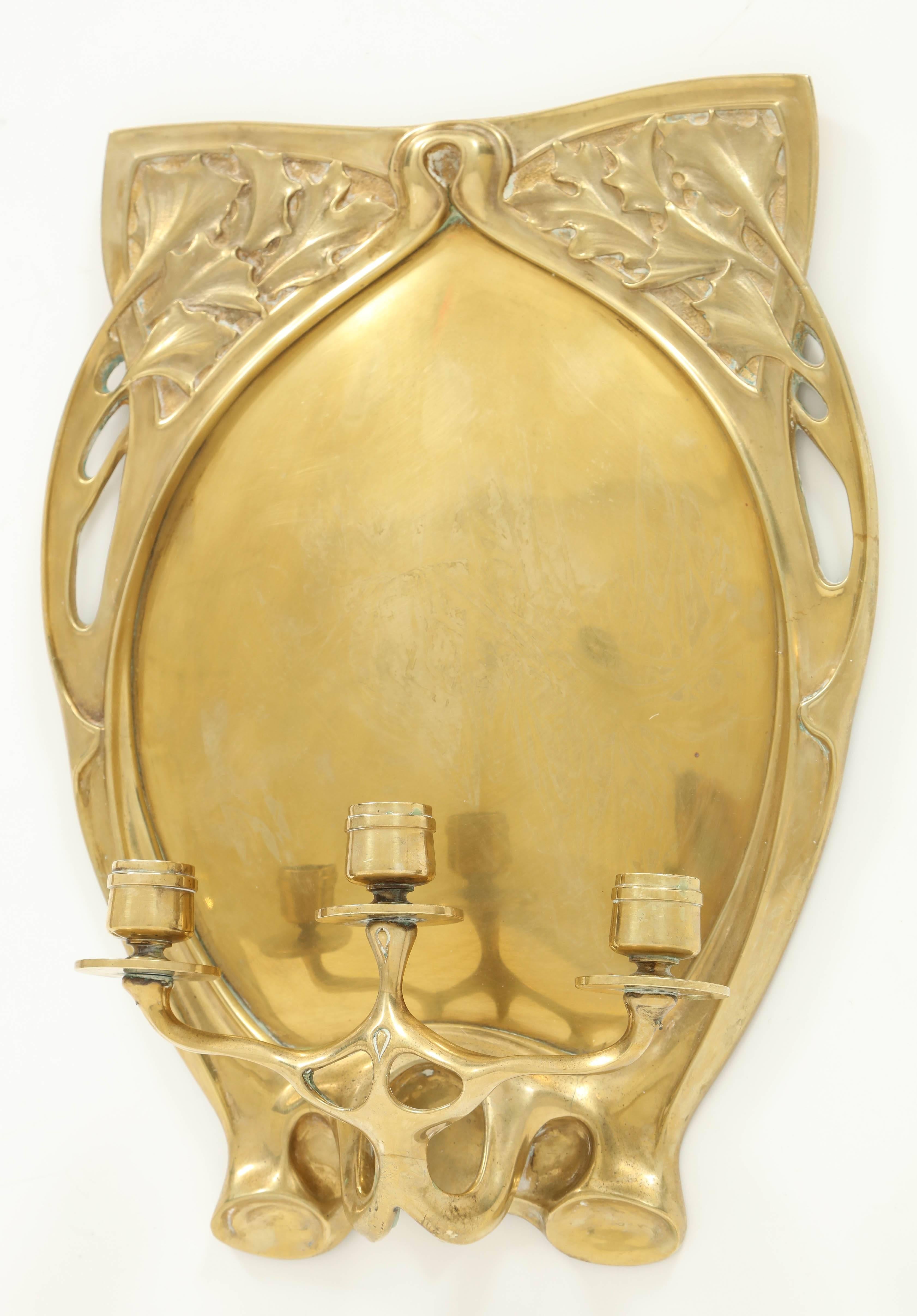 Early 20th Century Pair of Art Nouveau Brass Candle Sconces For Sale