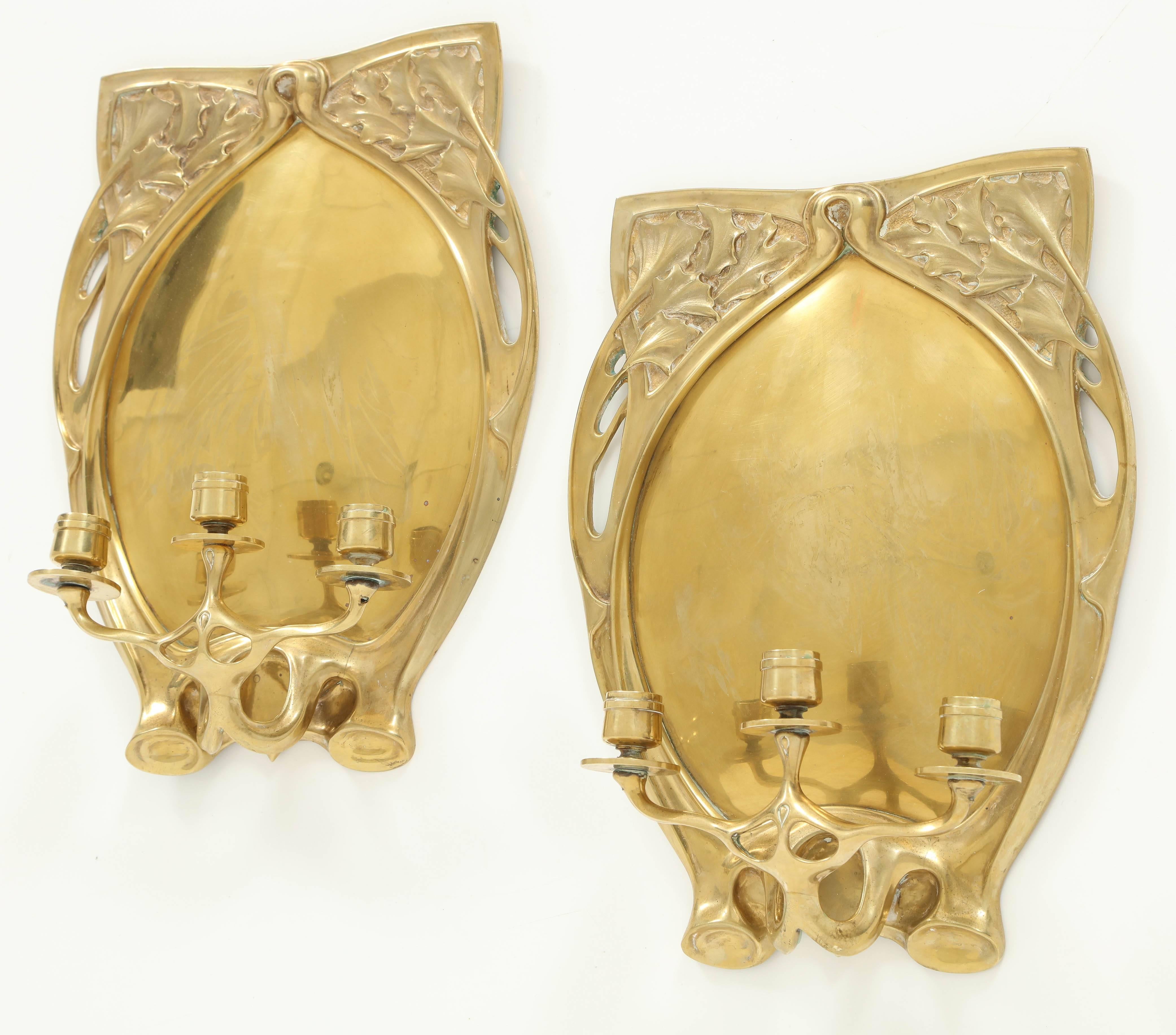 Pair of Art Nouveau Brass Candle Sconces For Sale 1