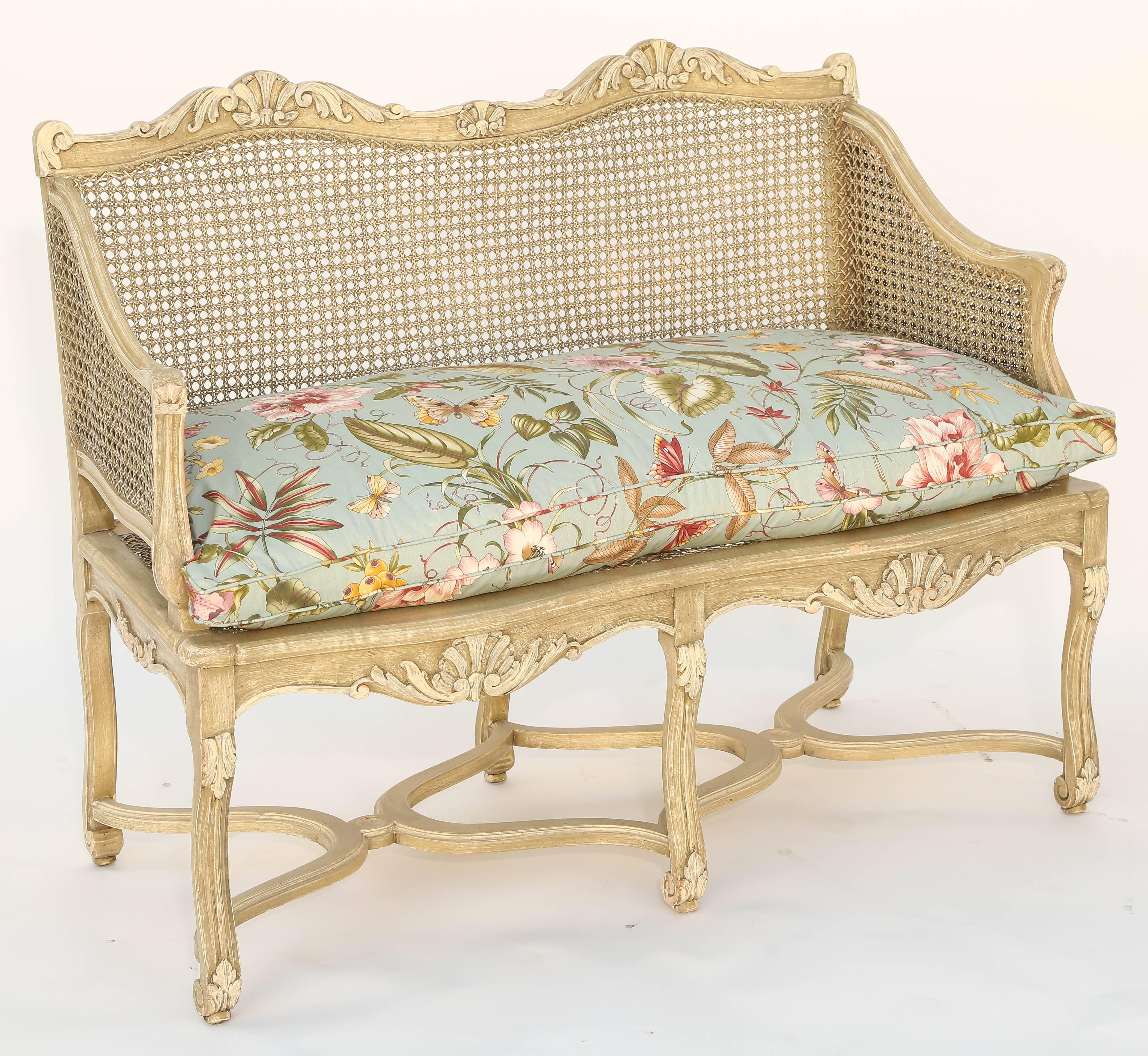 French Painted Caned Regence Style Closed Arm Settee