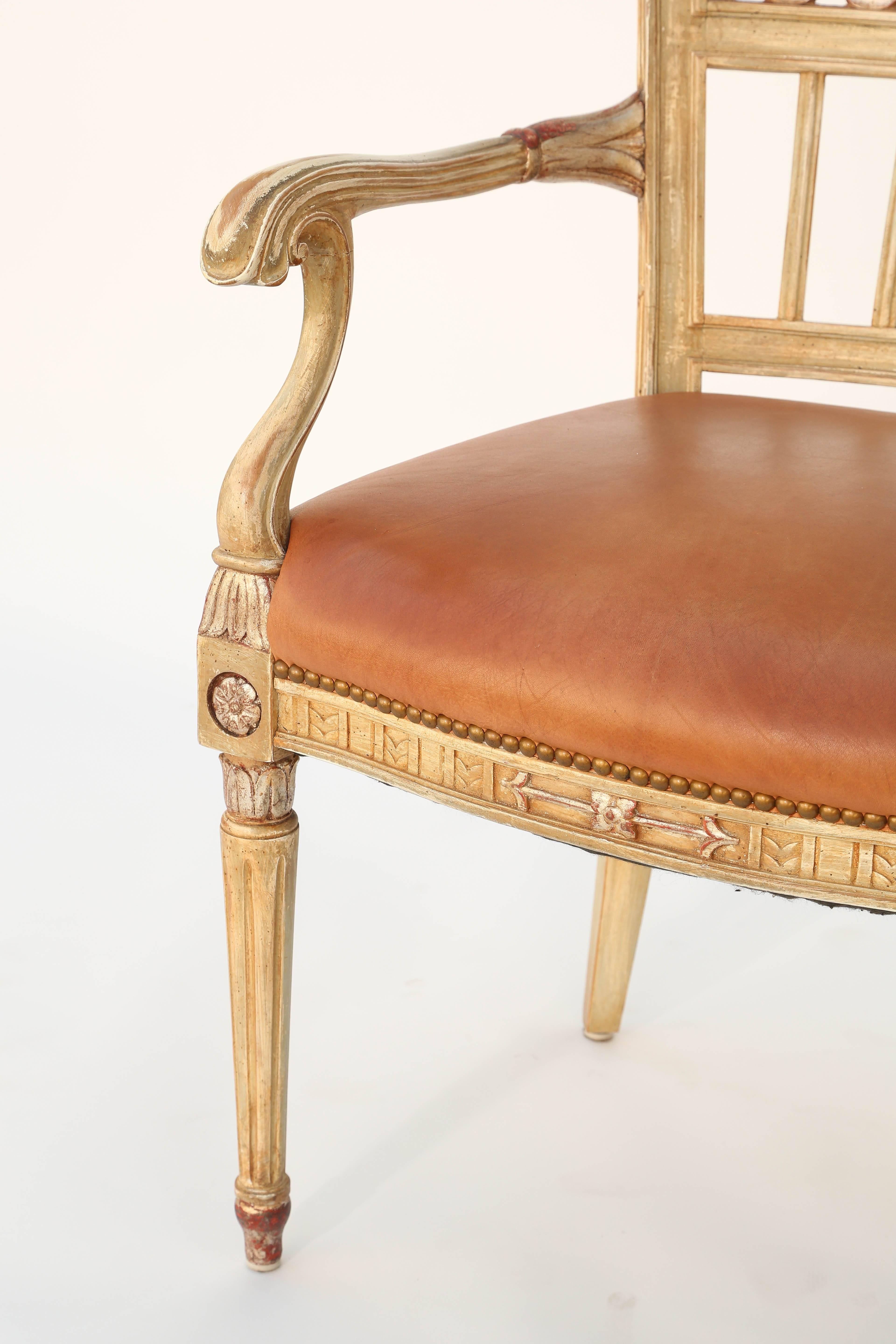 Wood Pair of Painted and Parcel Silvergilt Italian Armchairs, circa 1920s For Sale