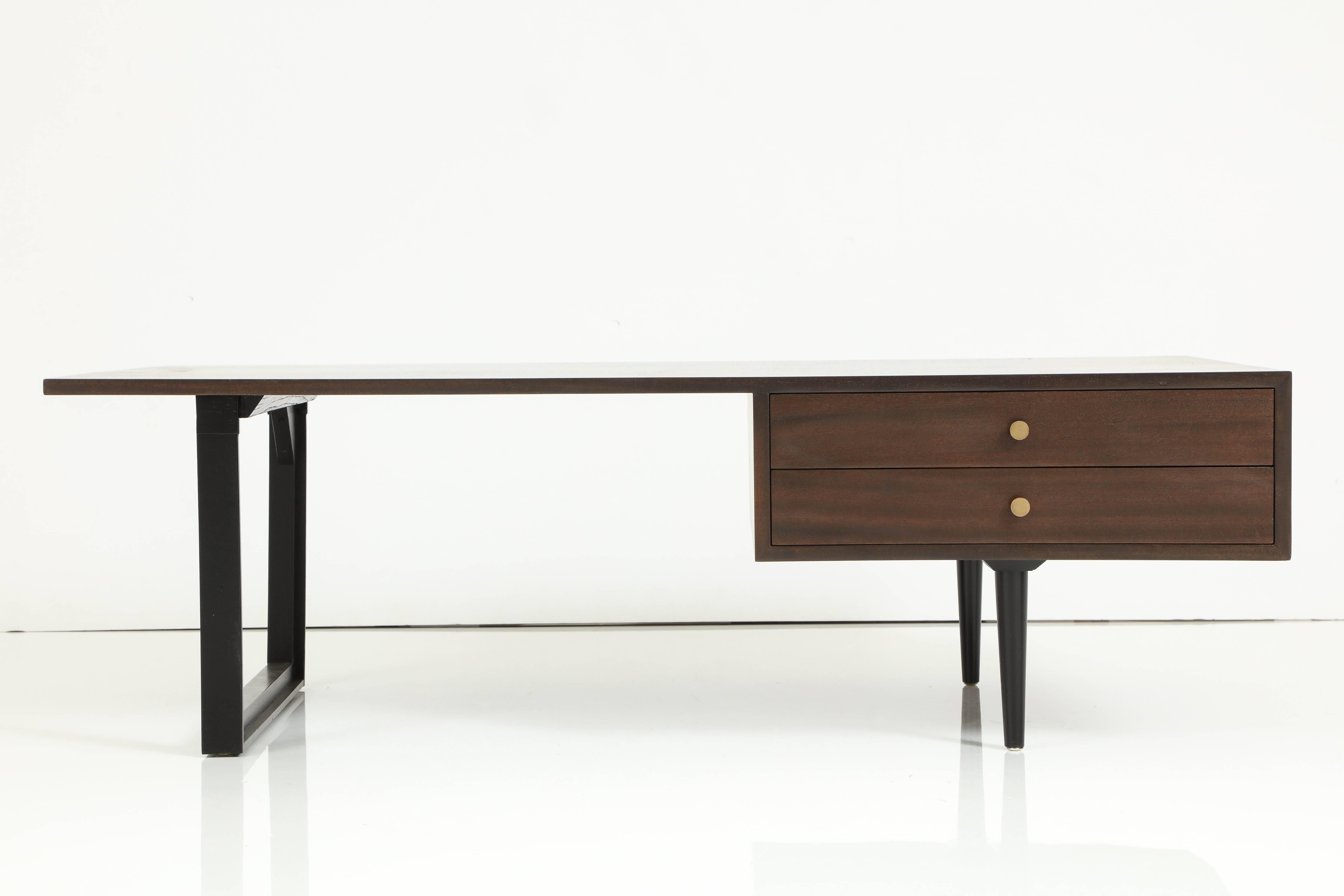 Harvey Probber mahogany coffee table with two drawers in deep walnut finish, circa 1960.
  