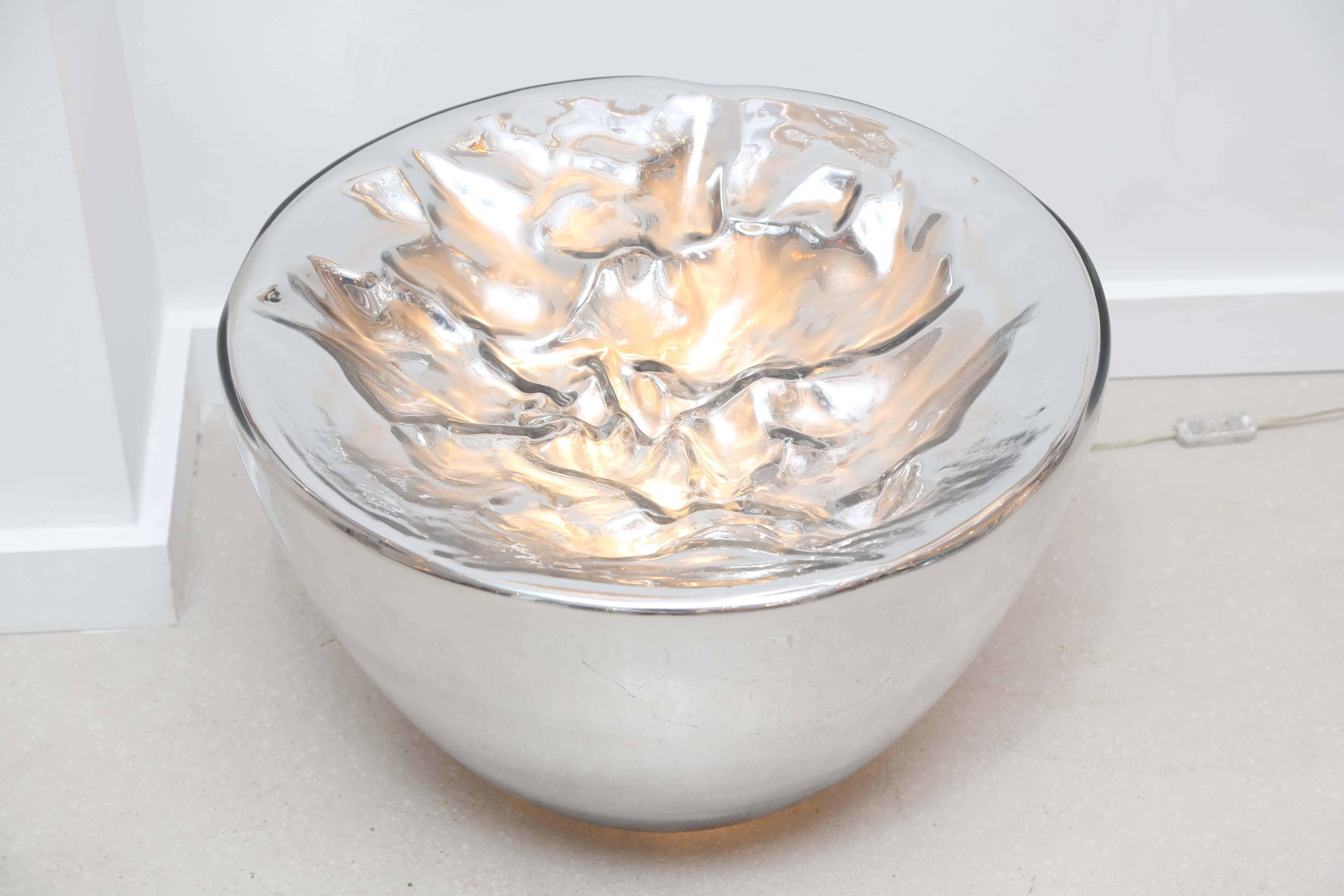 Pair of impressive silver Murano glass pod lamps with organic shaped tops which can be used on the floor or on tabletop surface.