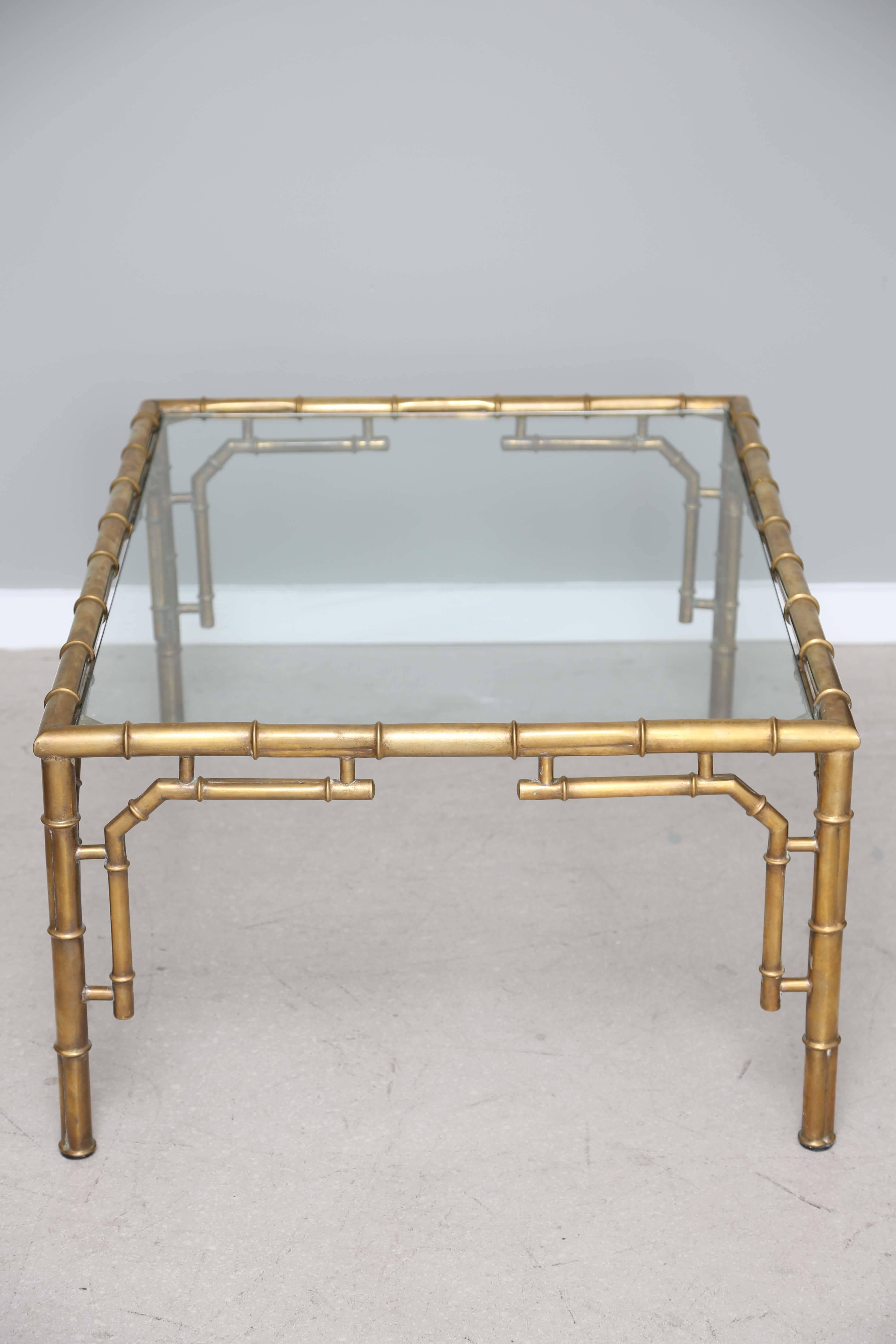 French Rectangular Brass Faux Bamboo Table with Glass Top For Sale