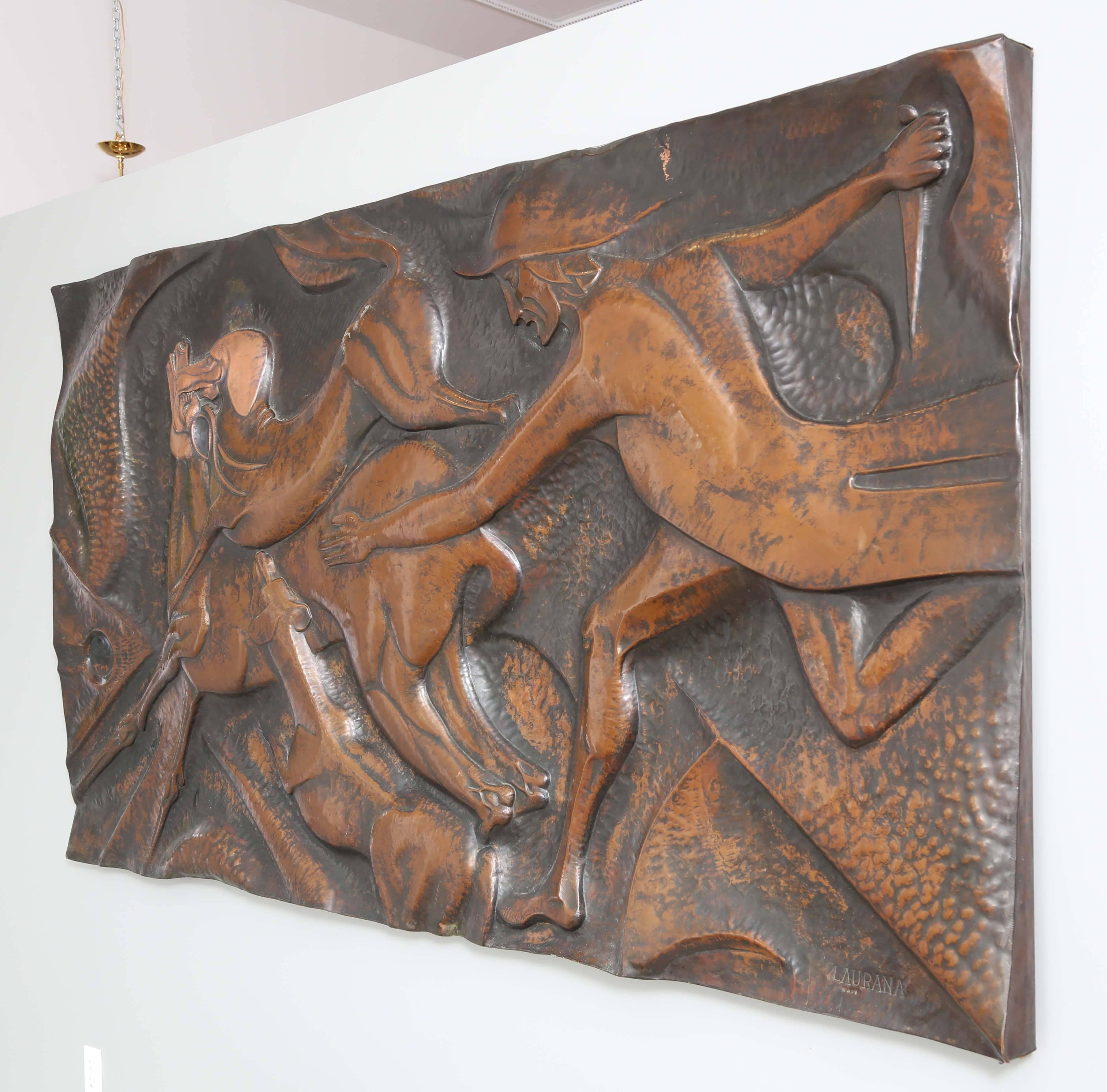 Gigantic artist made copper wall plaque with hunt motif with dog attacking an antelope. The piece is signed: Laurana which is a studio in Pesaro, Italy. The work is entitled "Dazi". It is attributed to the master Franco Bastianelli whose