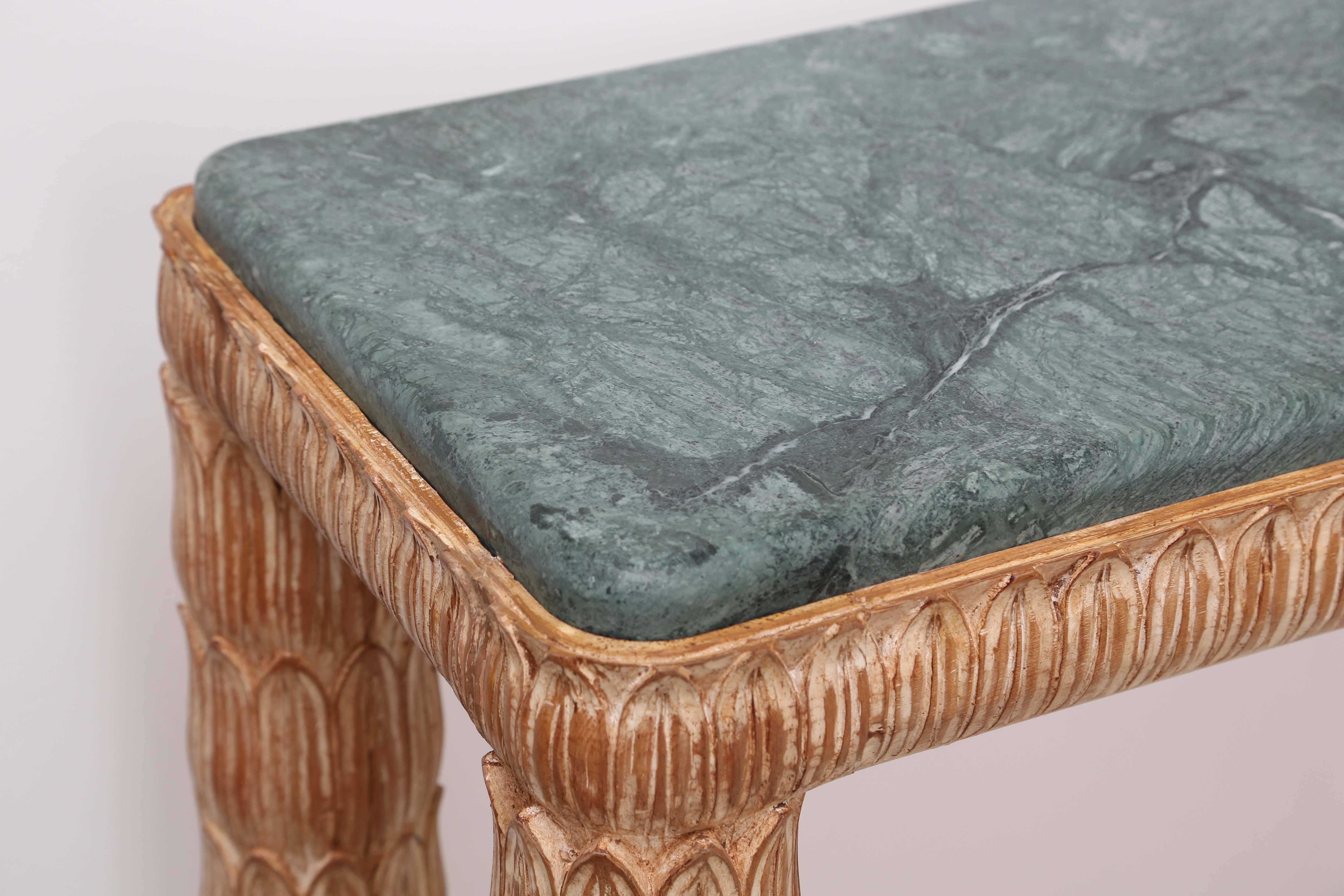 Mid-Century Modern Wood Palm Carved Console with Green Marble Top