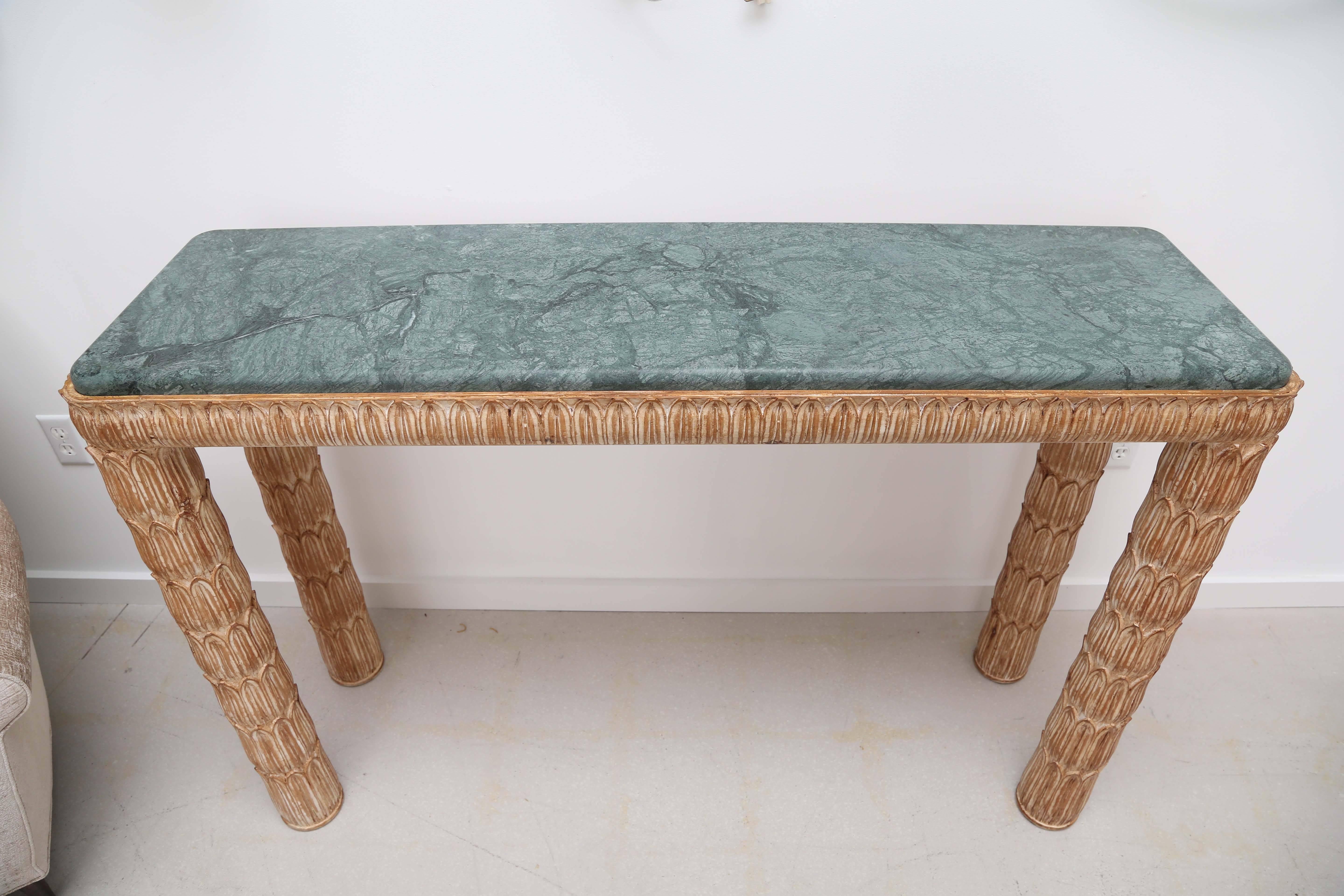 American Wood Palm Carved Console with Green Marble Top