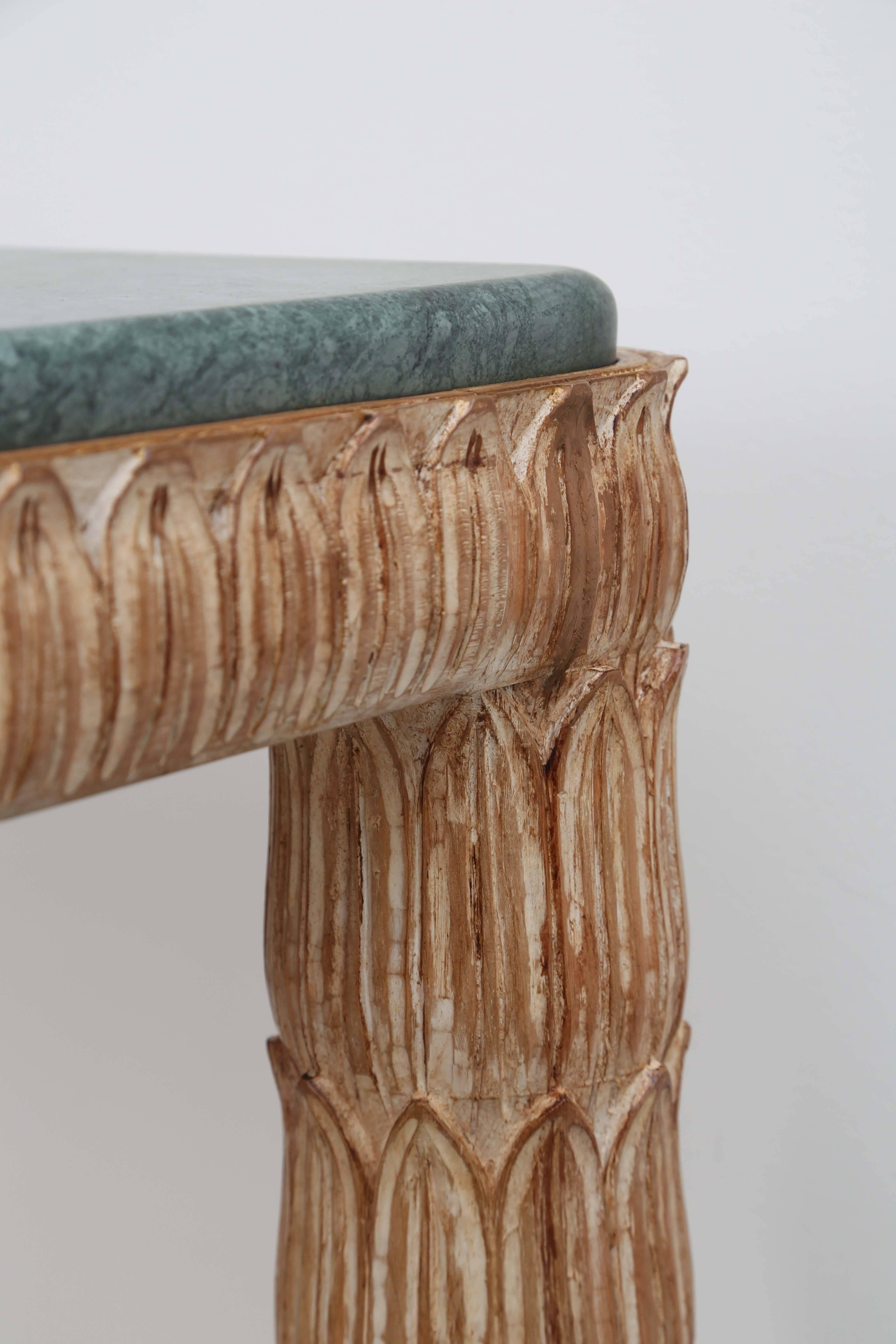 Wood Palm Carved Console with Green Marble Top In Good Condition In West Palm Beach, FL