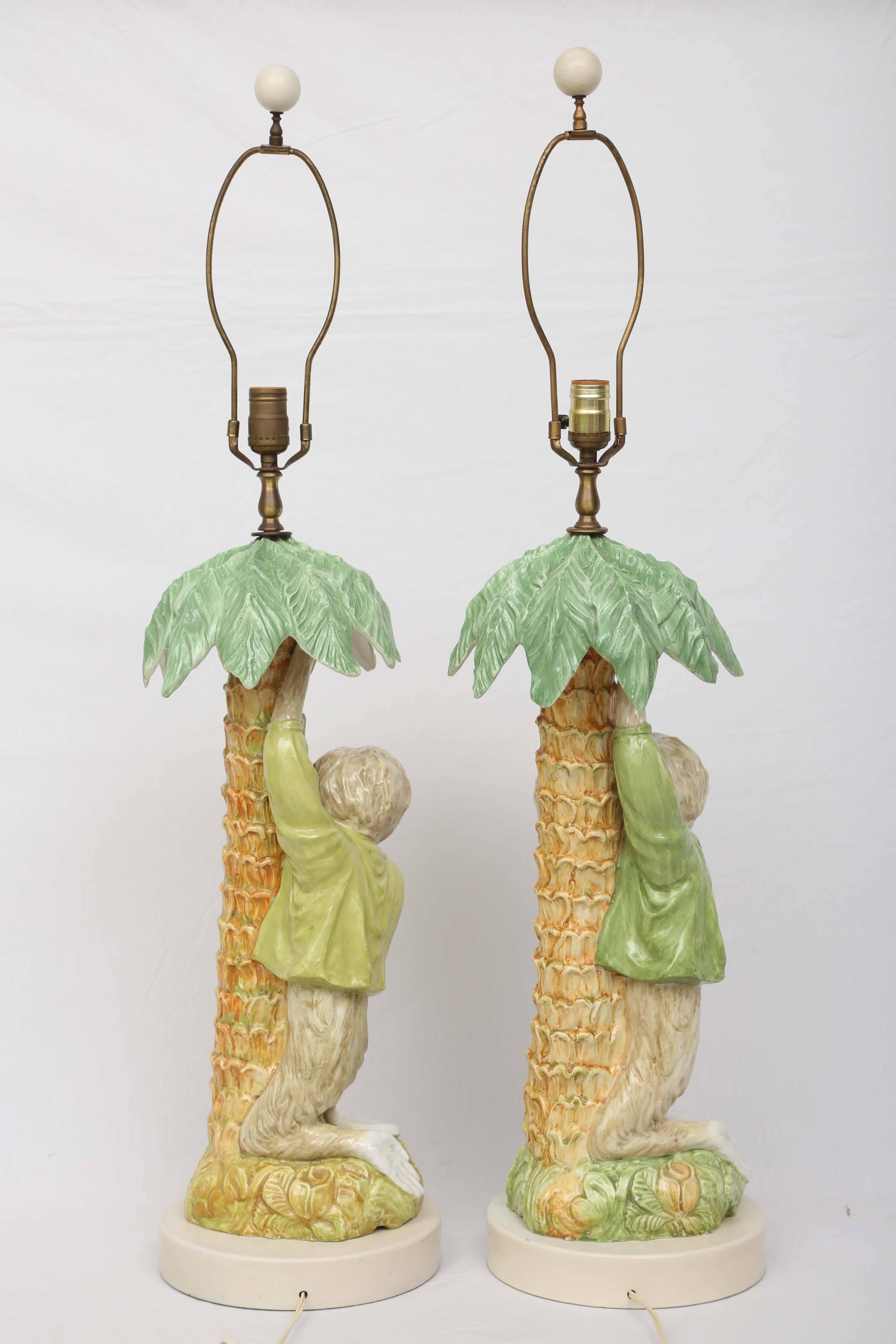 Pair of Majolica Monkey Table Lamps In Good Condition In West Palm Beach, FL