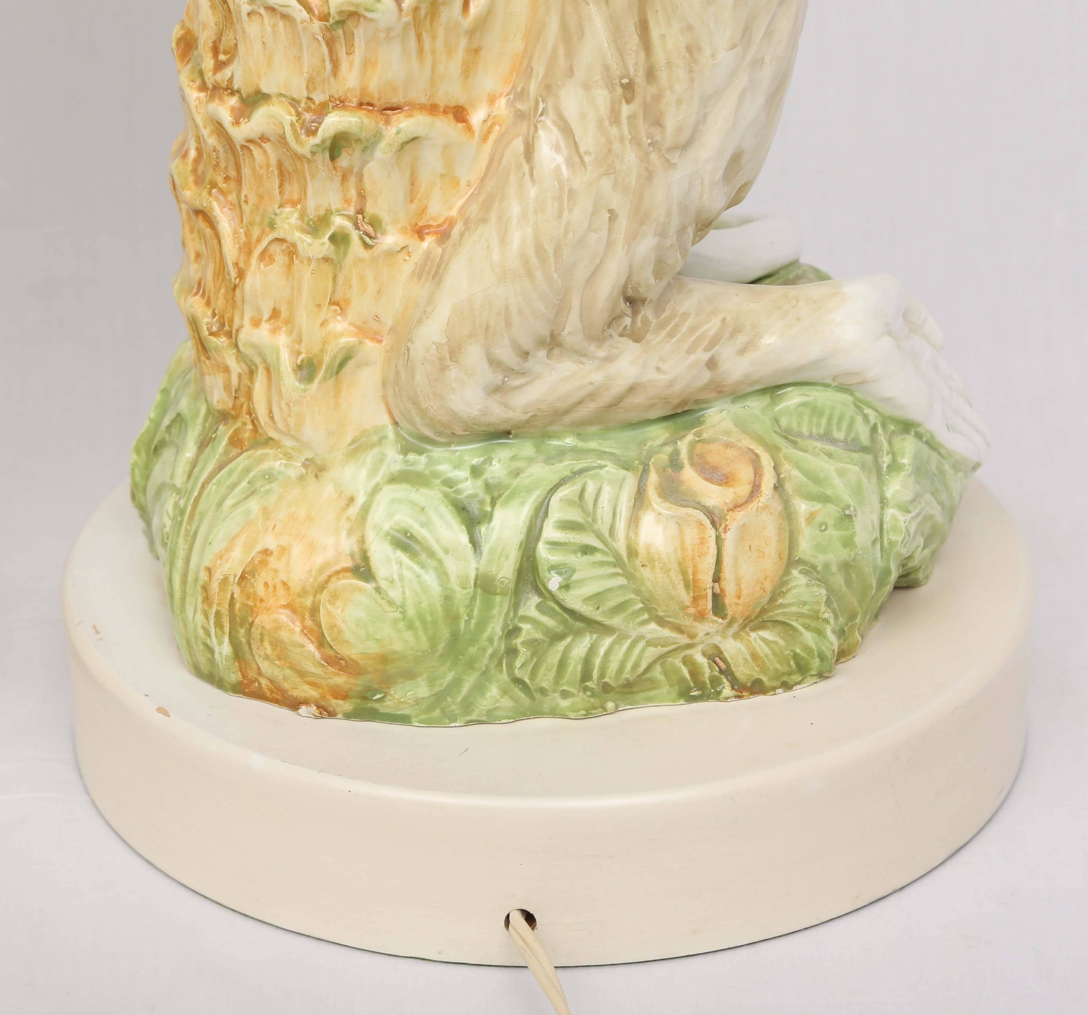 Mid-20th Century Pair of Majolica Monkey Table Lamps