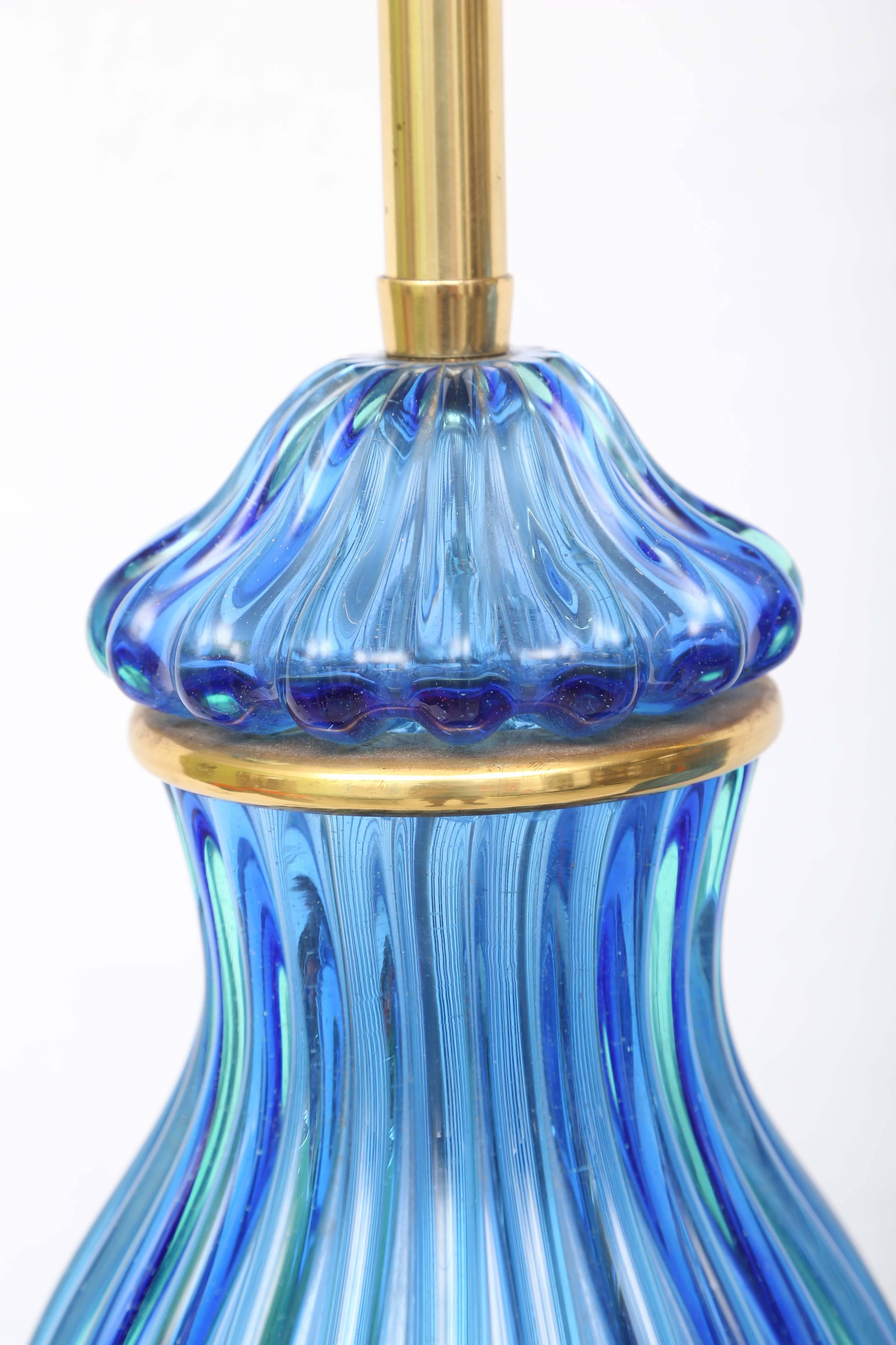 American Pair of Vintage Cobalt Blue Marbro Murano Glass Lamps