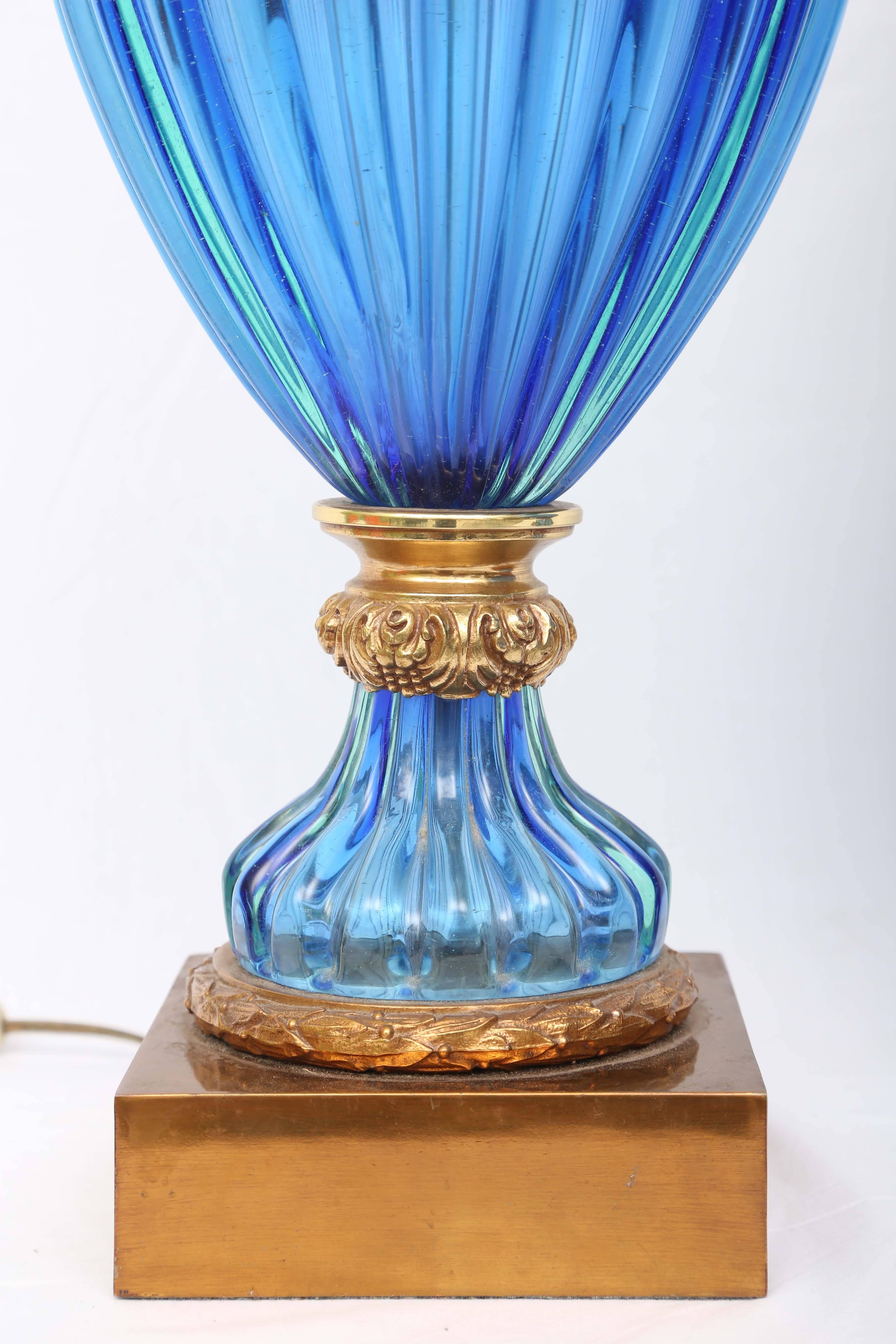 Pair of Vintage Cobalt Blue Marbro Murano Glass Lamps In Good Condition In West Palm Beach, FL