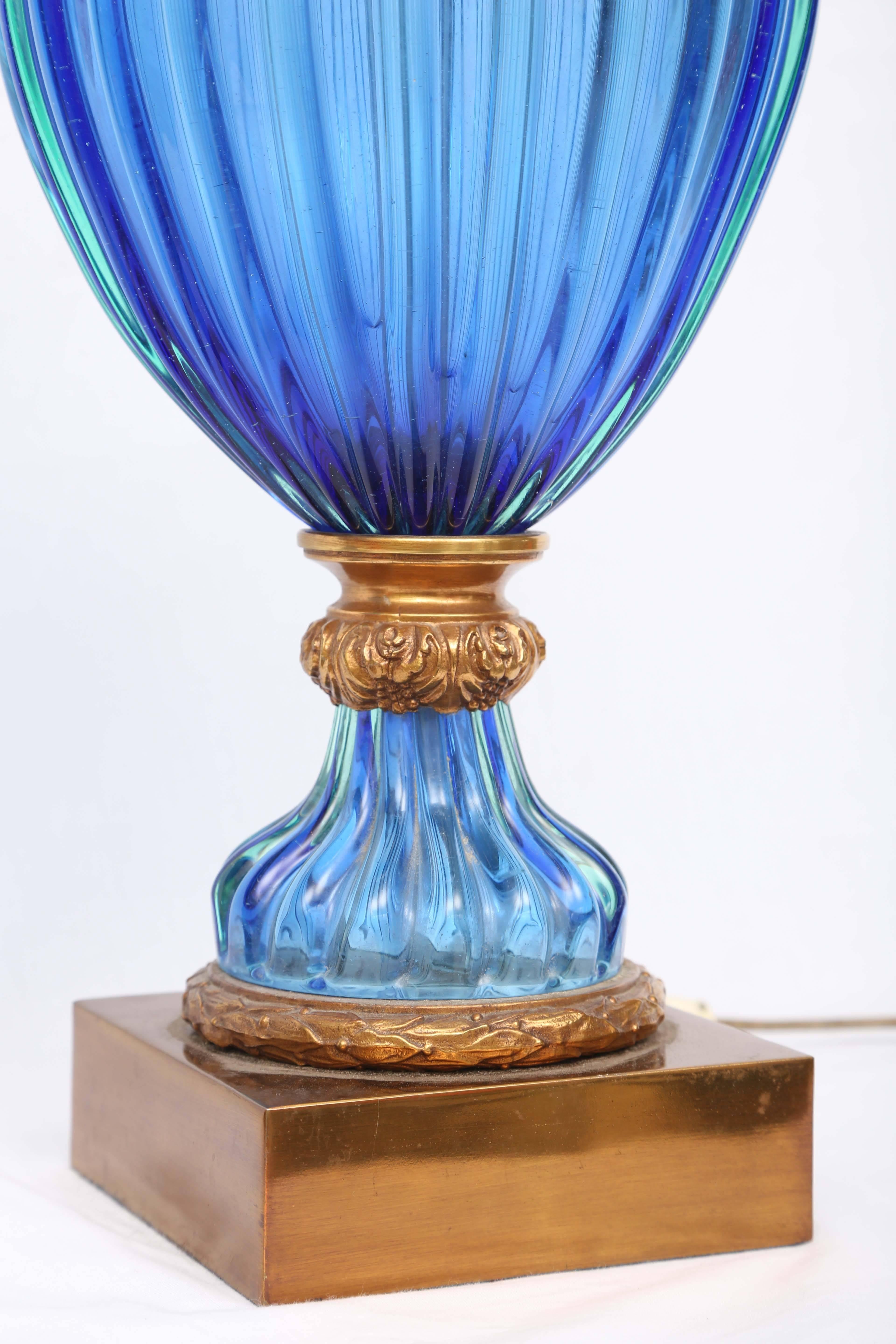 Mid-20th Century Pair of Vintage Cobalt Blue Marbro Murano Glass Lamps