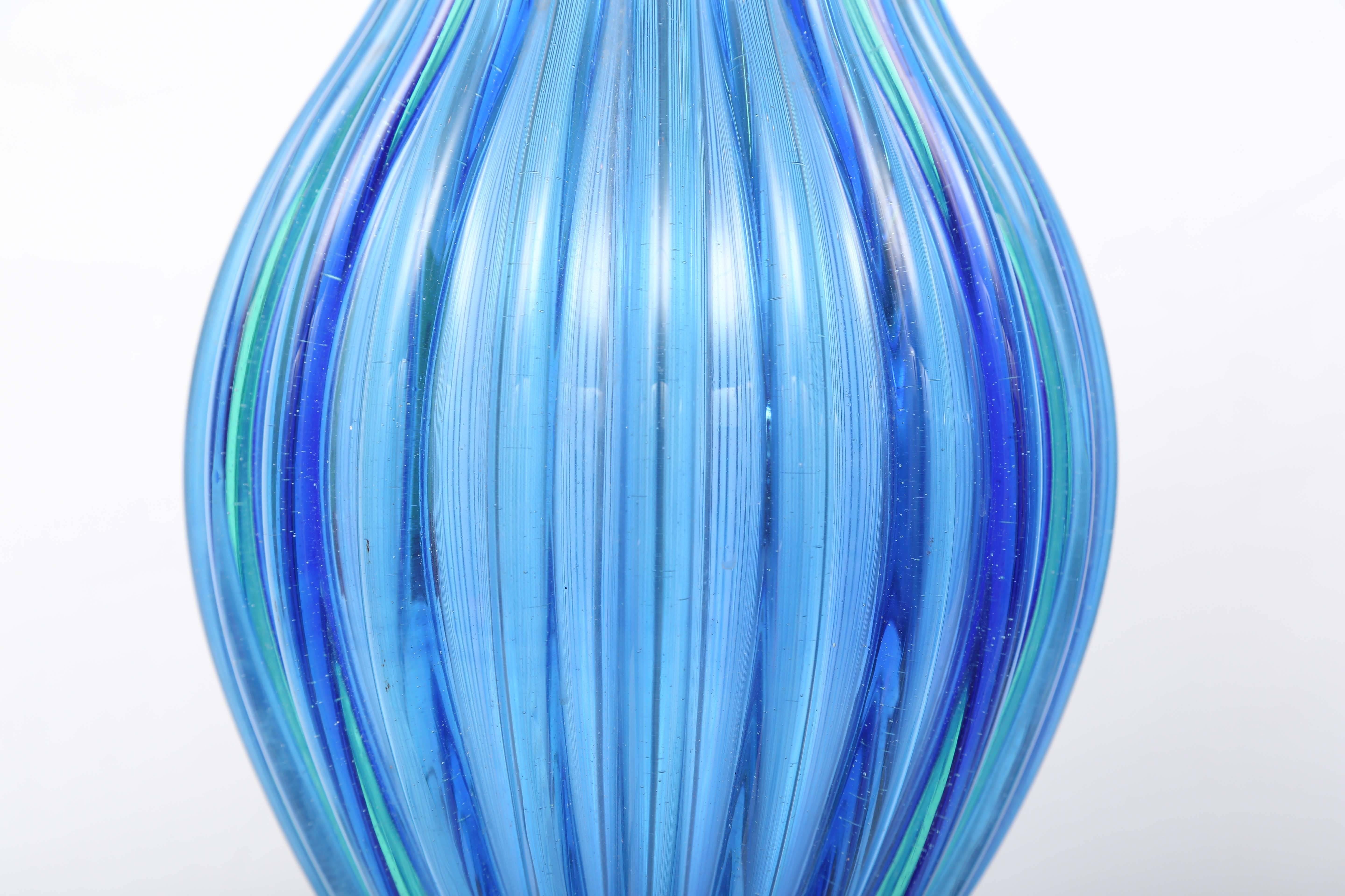 Brass Pair of Vintage Cobalt Blue Marbro Murano Glass Lamps