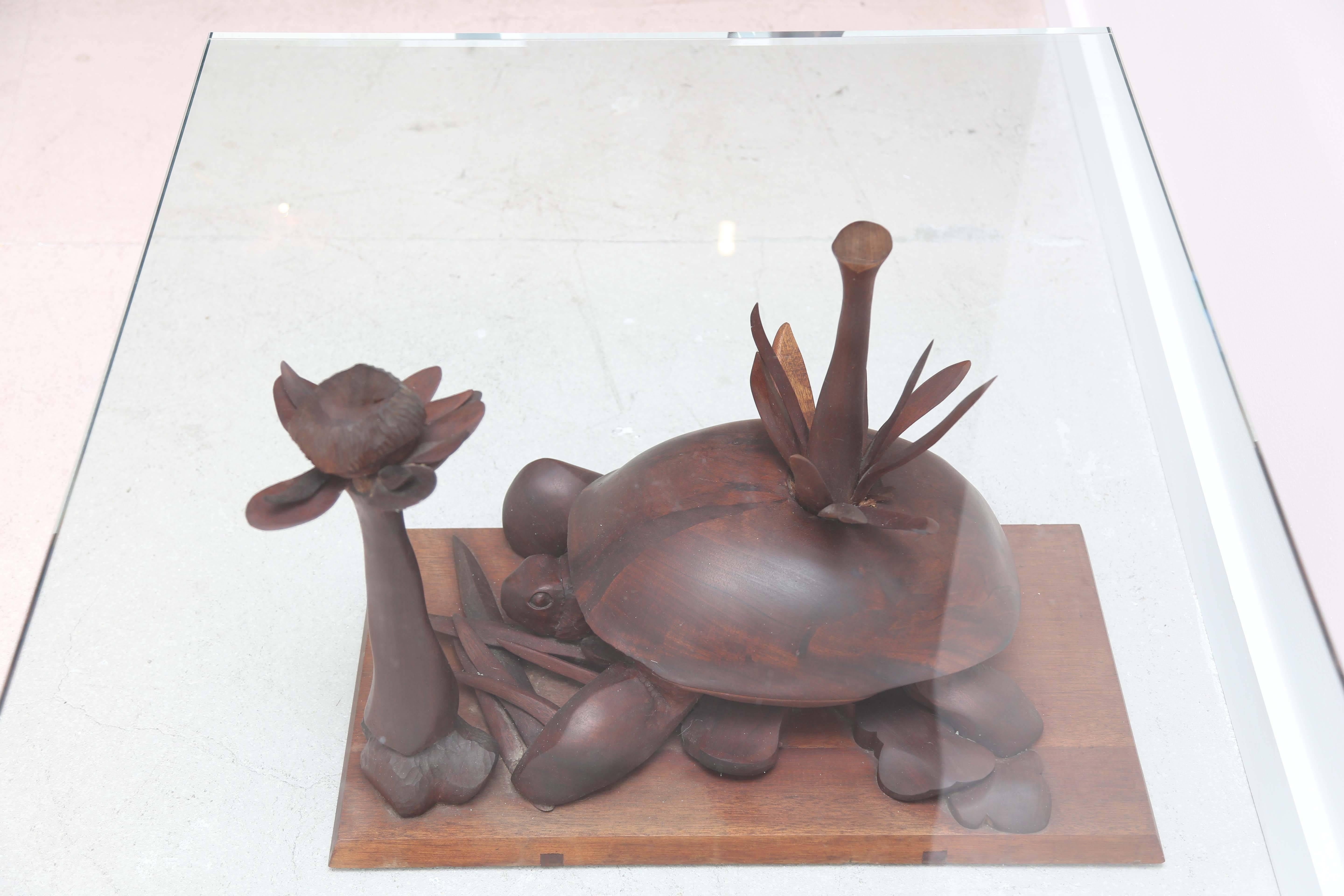 Hand-Carved Turtle Table with Glass Top For Sale 1