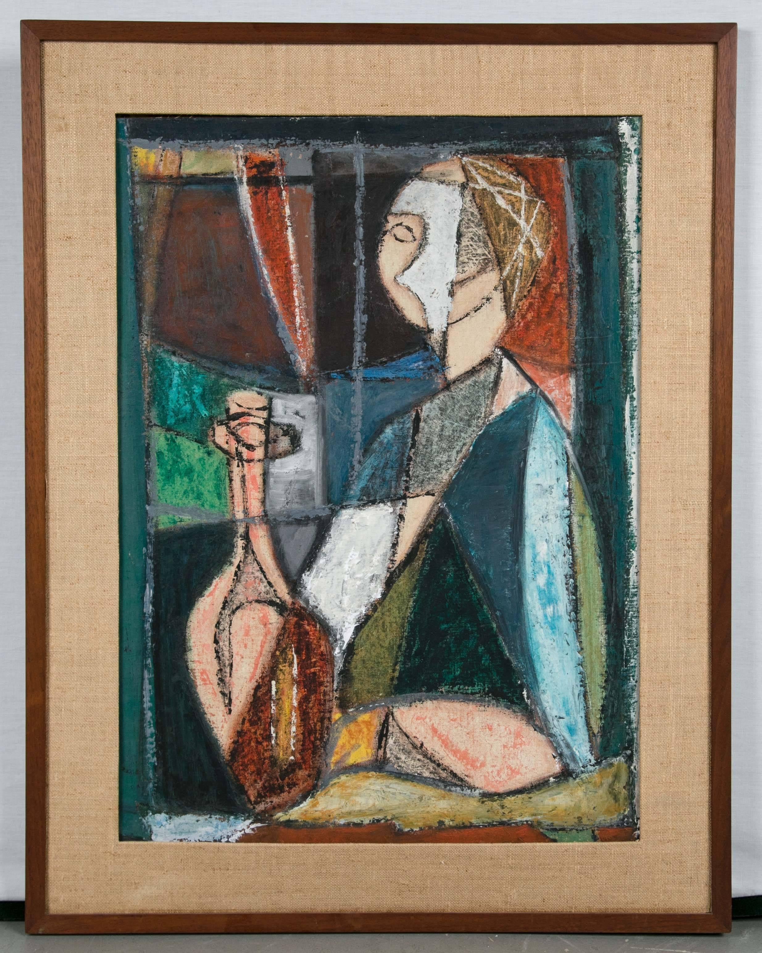 A rare 1950s cubist painting oil on artist's board of a woman. Having a composition much like the all-time cubist master painters of the early 20th century with natural brush strokes and correct color-fields. In the style and manner of Picasso.