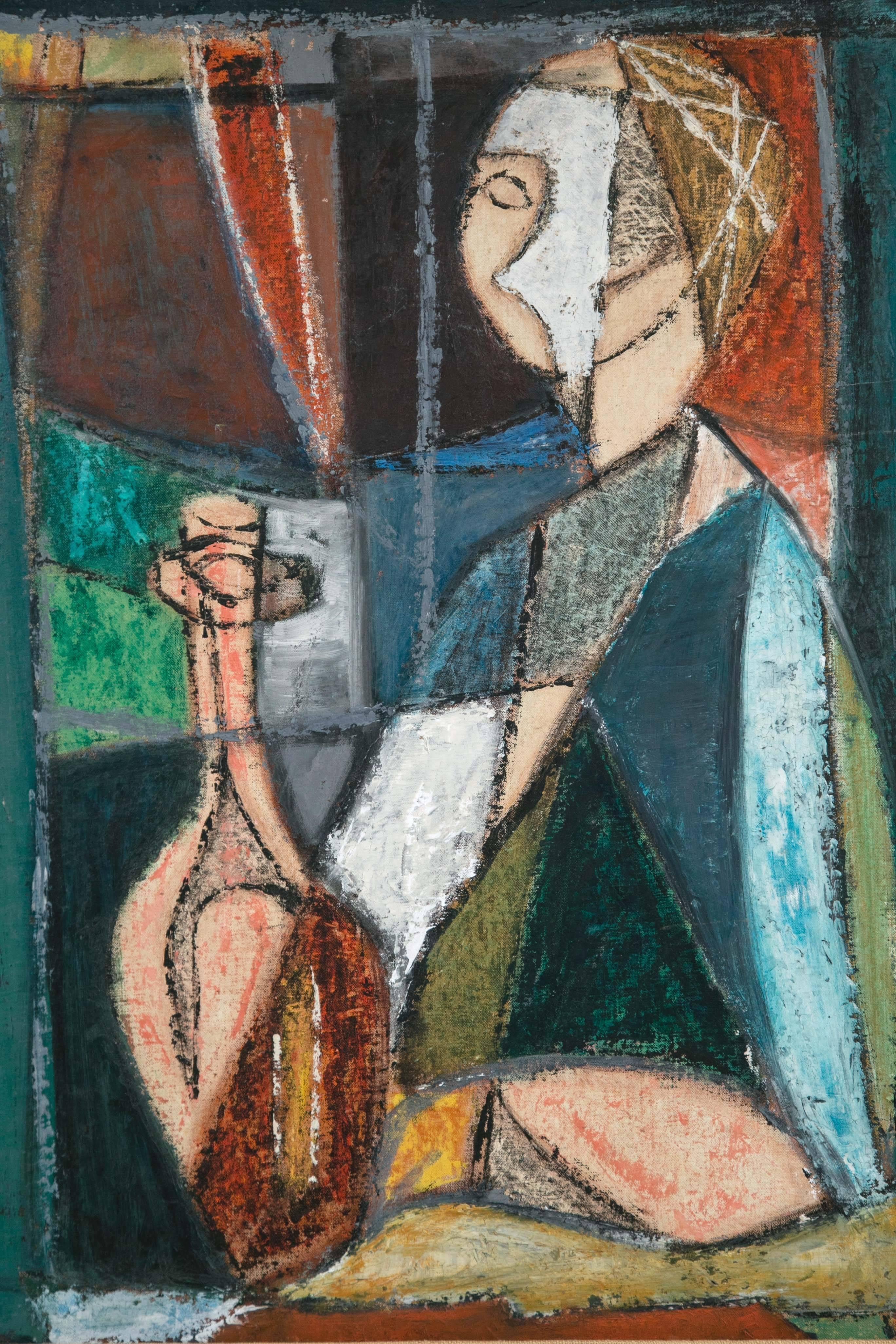 Rare Mid-Century Modern Painting of Cubist Woman In Excellent Condition For Sale In Stamford, CT