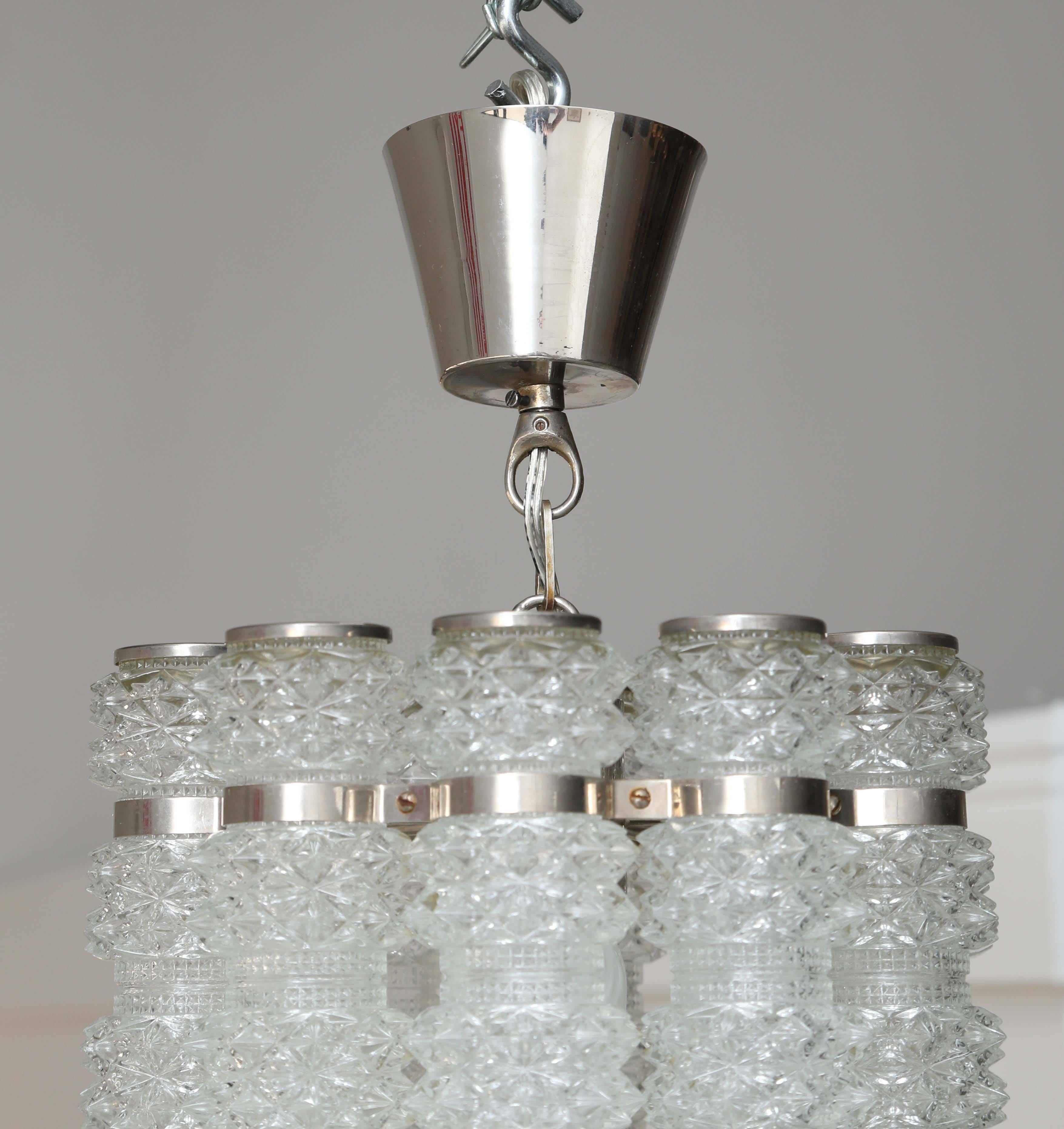 Swedish Orrefors Chrome and Crystal Pendant Fixture Mid-20th Century