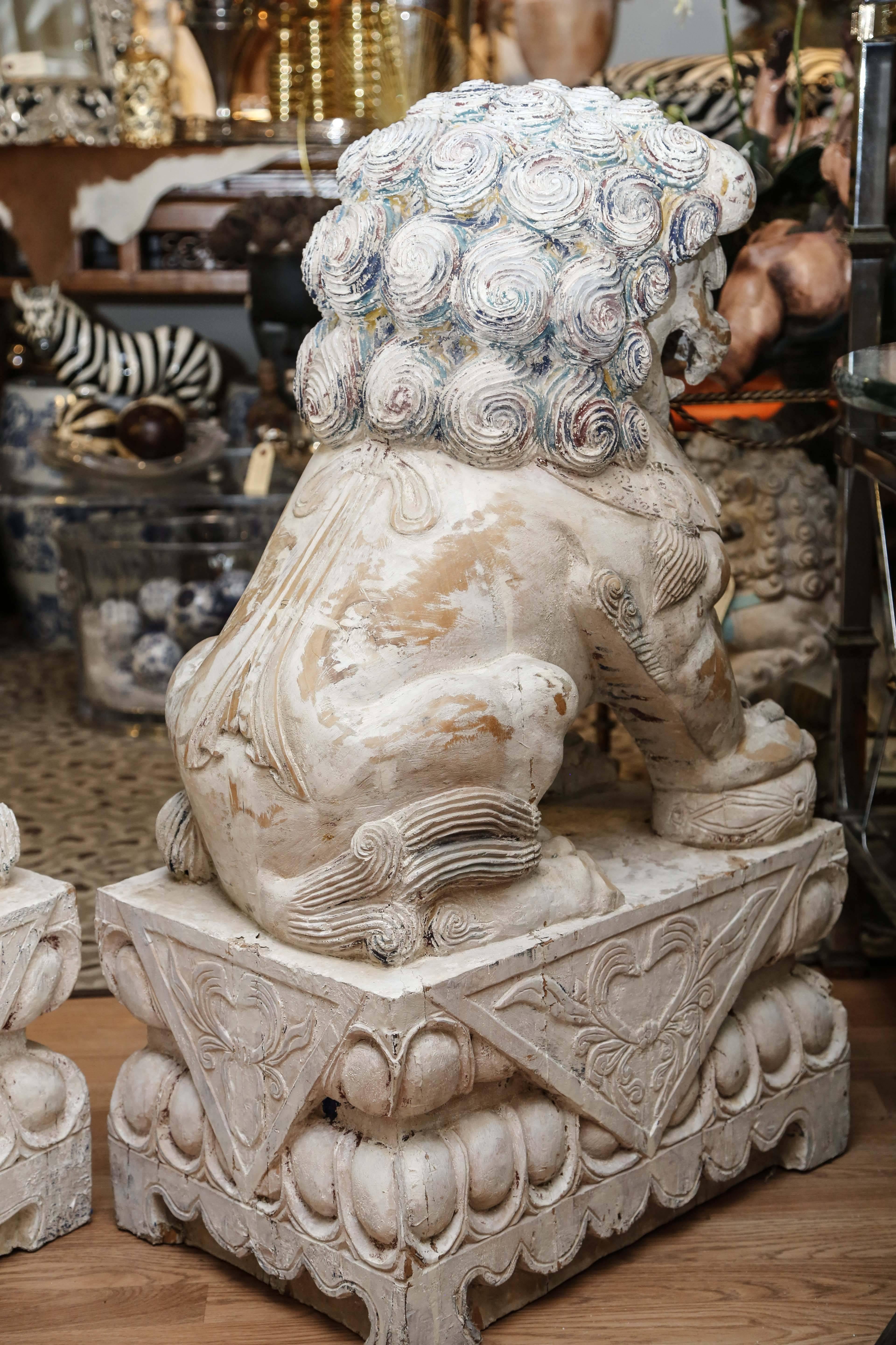 20th Century Monumental Pair of Carved Wood Painted Foo Dogs