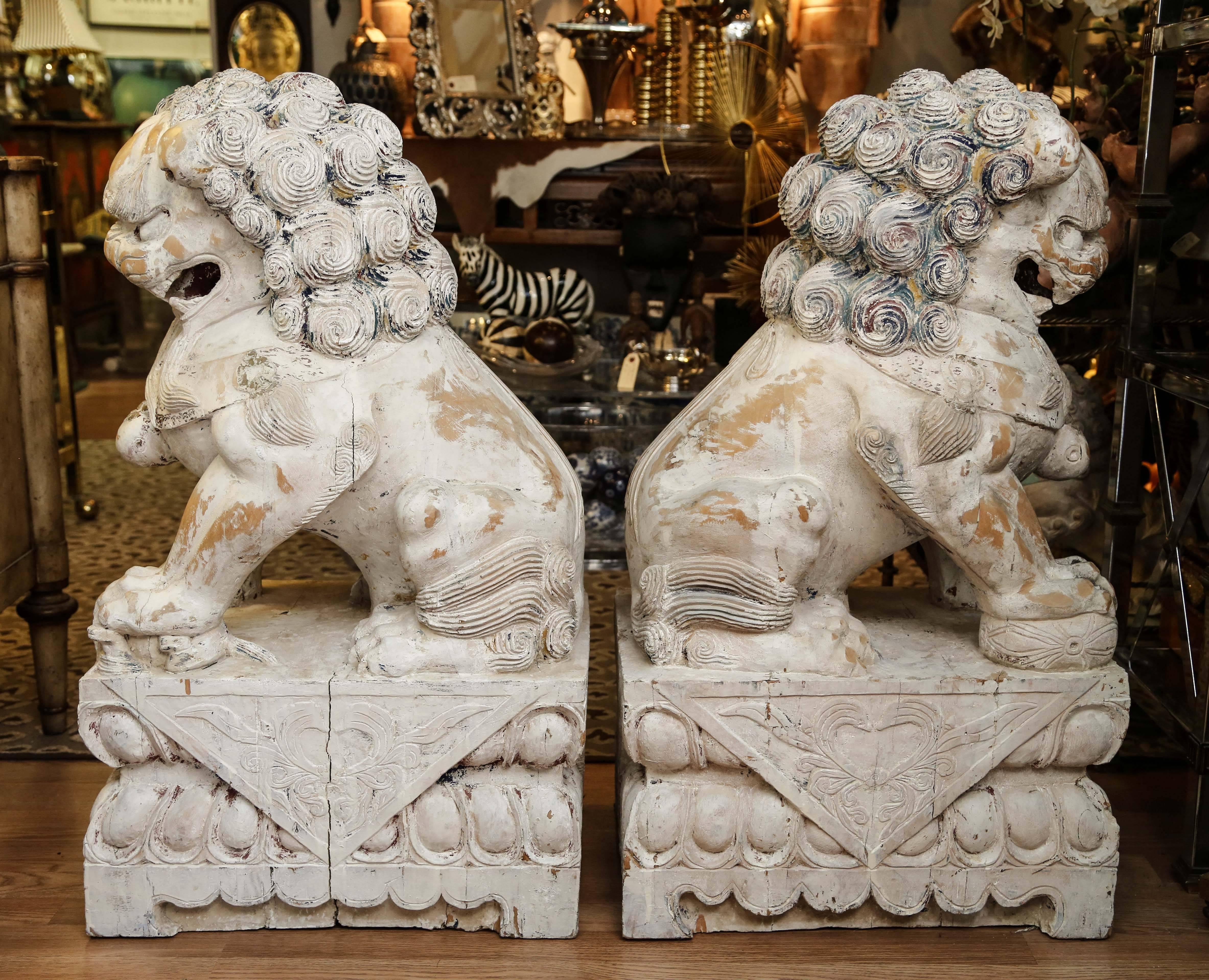 Pair of Carved Wood Painted Foo Dogs For Sale 2