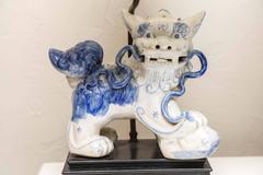 Pair of Blue and White Foo Dog Lamps Attributed to Billy Haynes