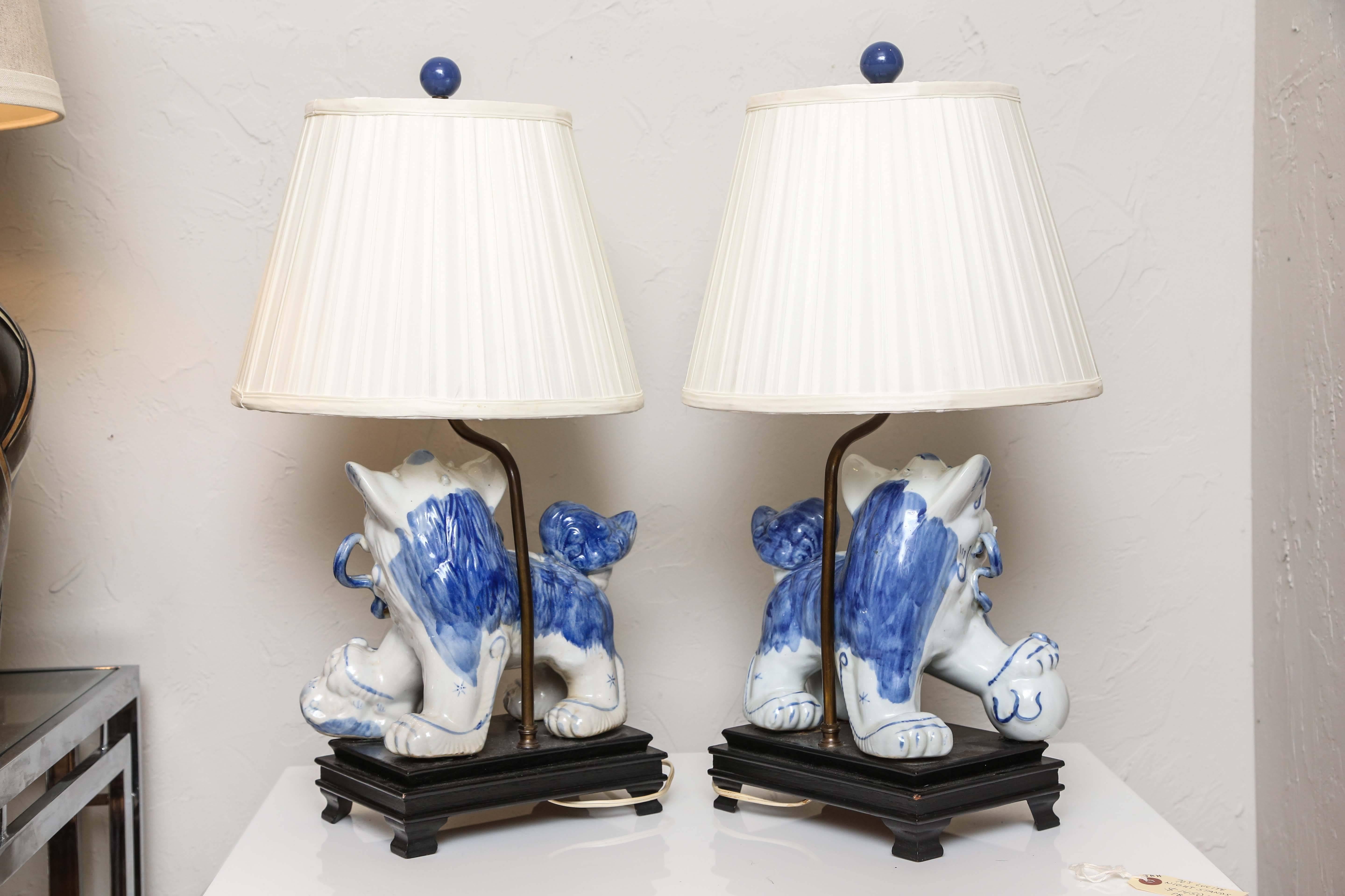 Pair of Blue and White Foo Dog Lamps Attributed to Billy Haynes 1