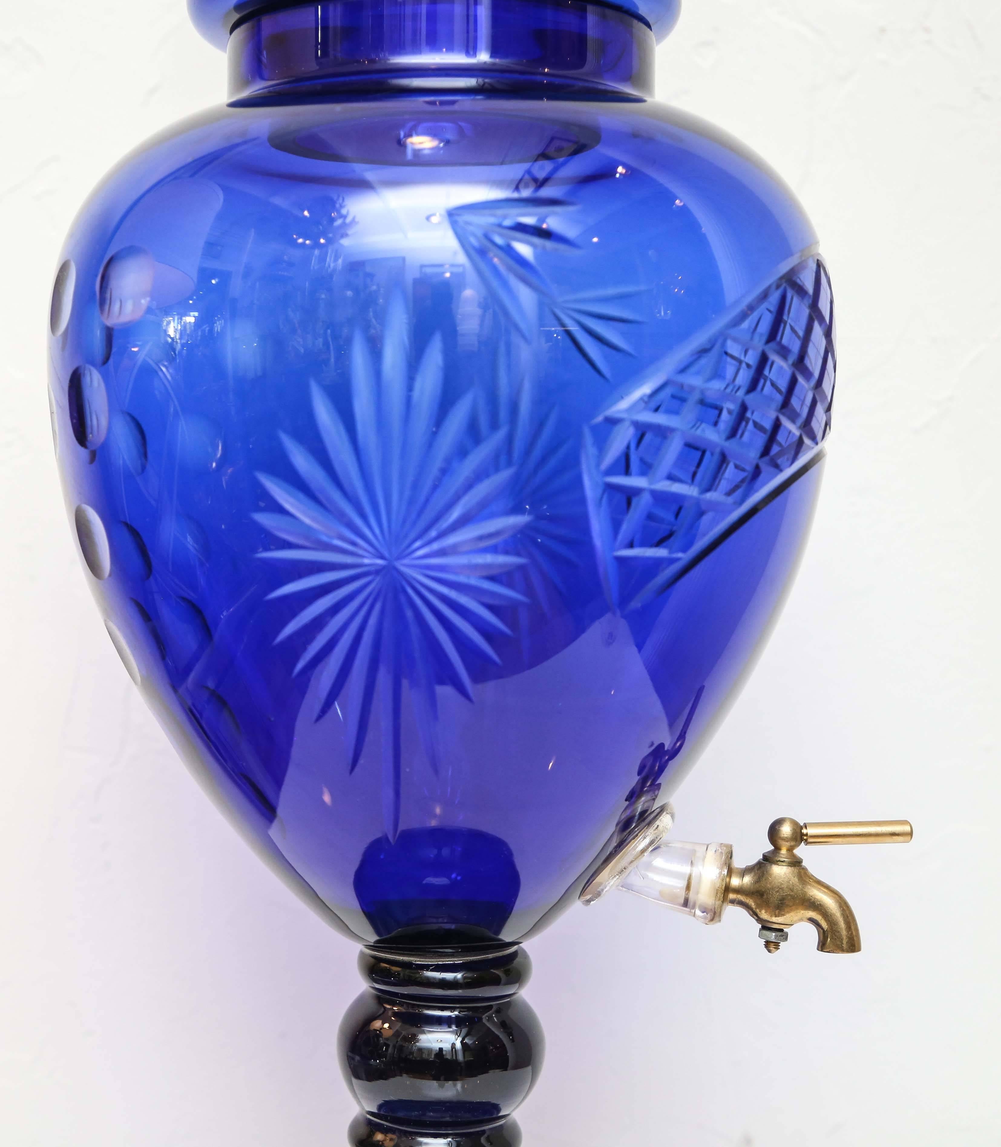 19th Century Cobalt Blue Cut Crystal Ice Tea Dispenser