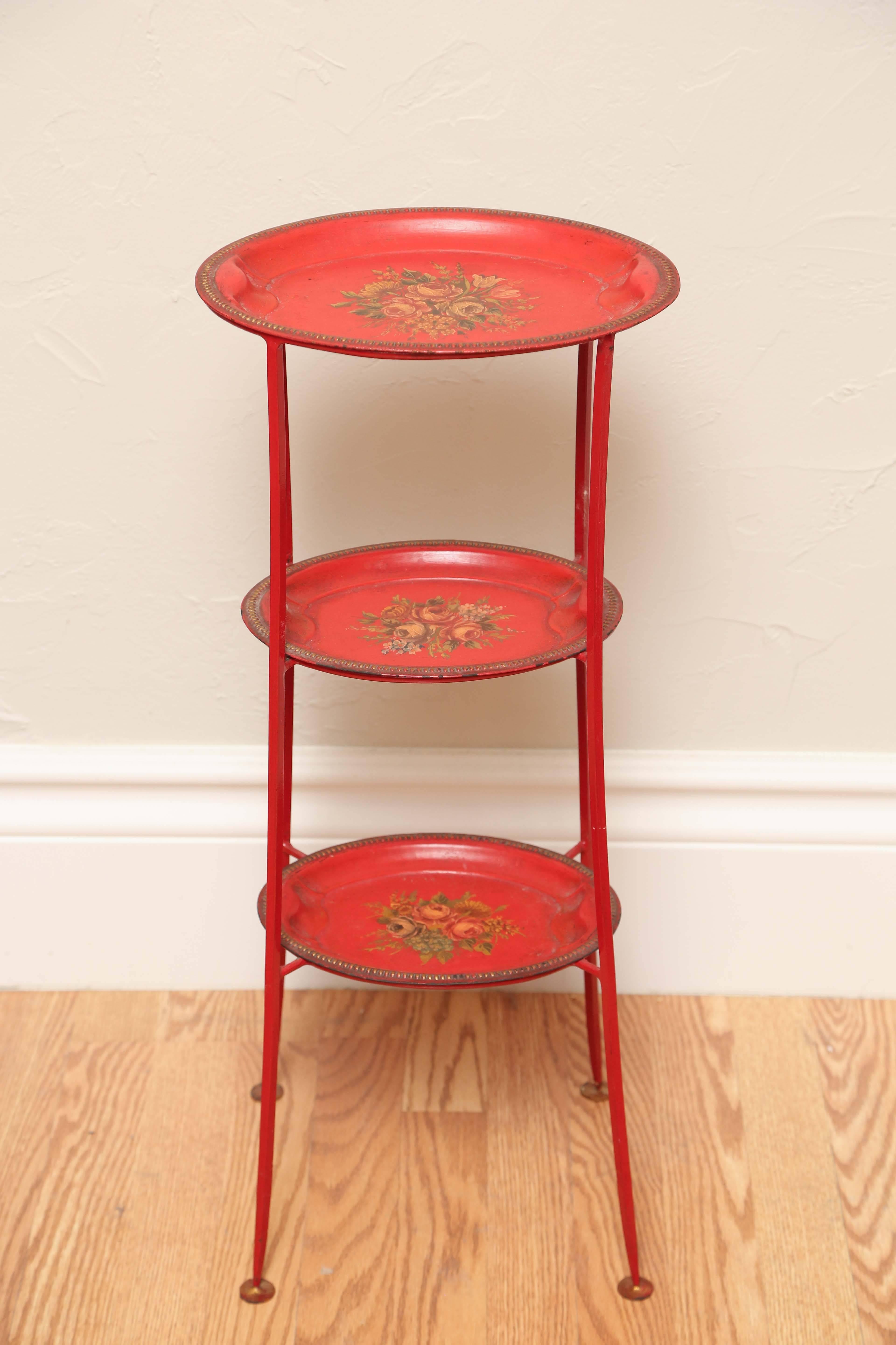 Charming three-tier tole stand with removable trays. Perfect for high tea.