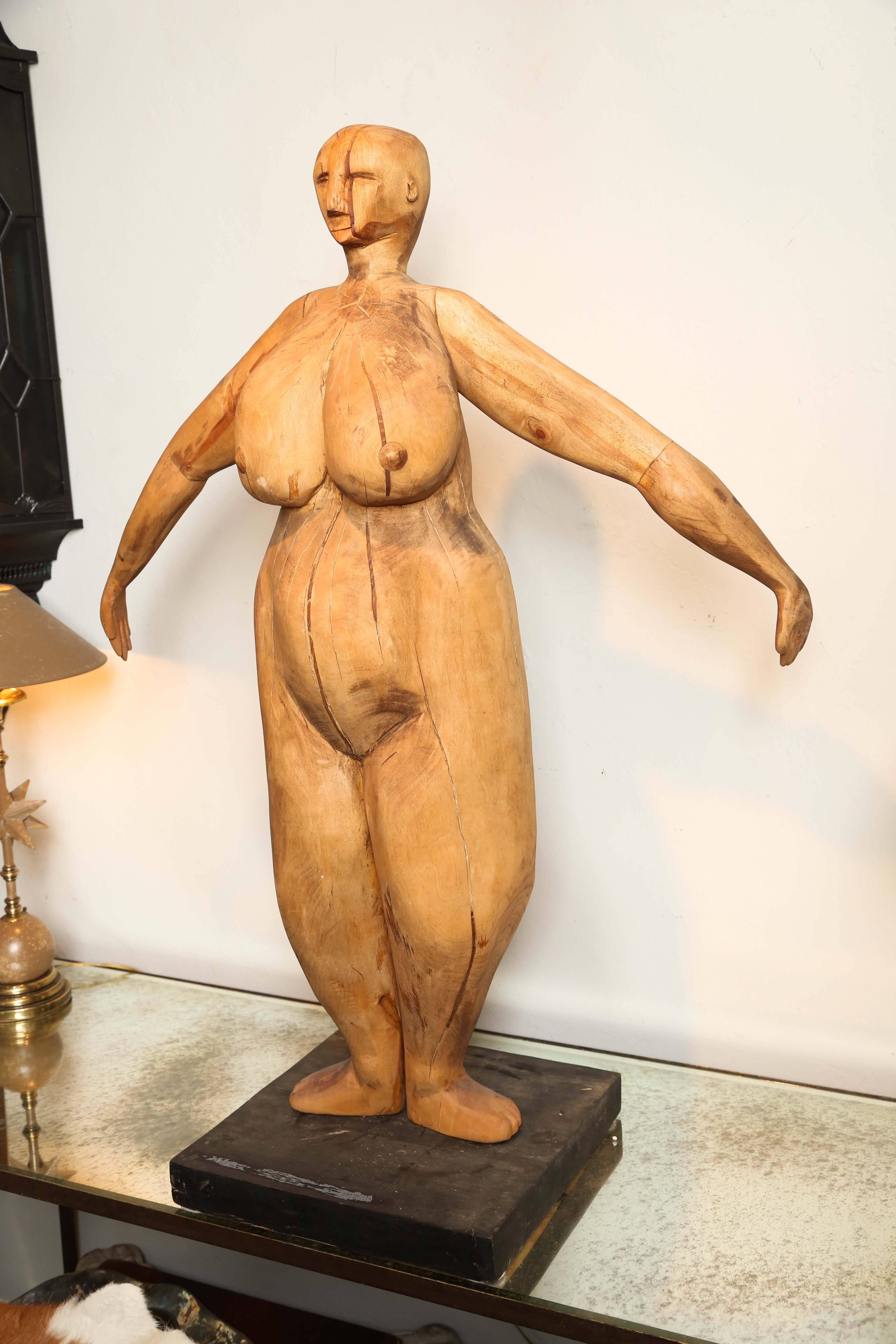 American Cubist Carved Wood Female Sculpture