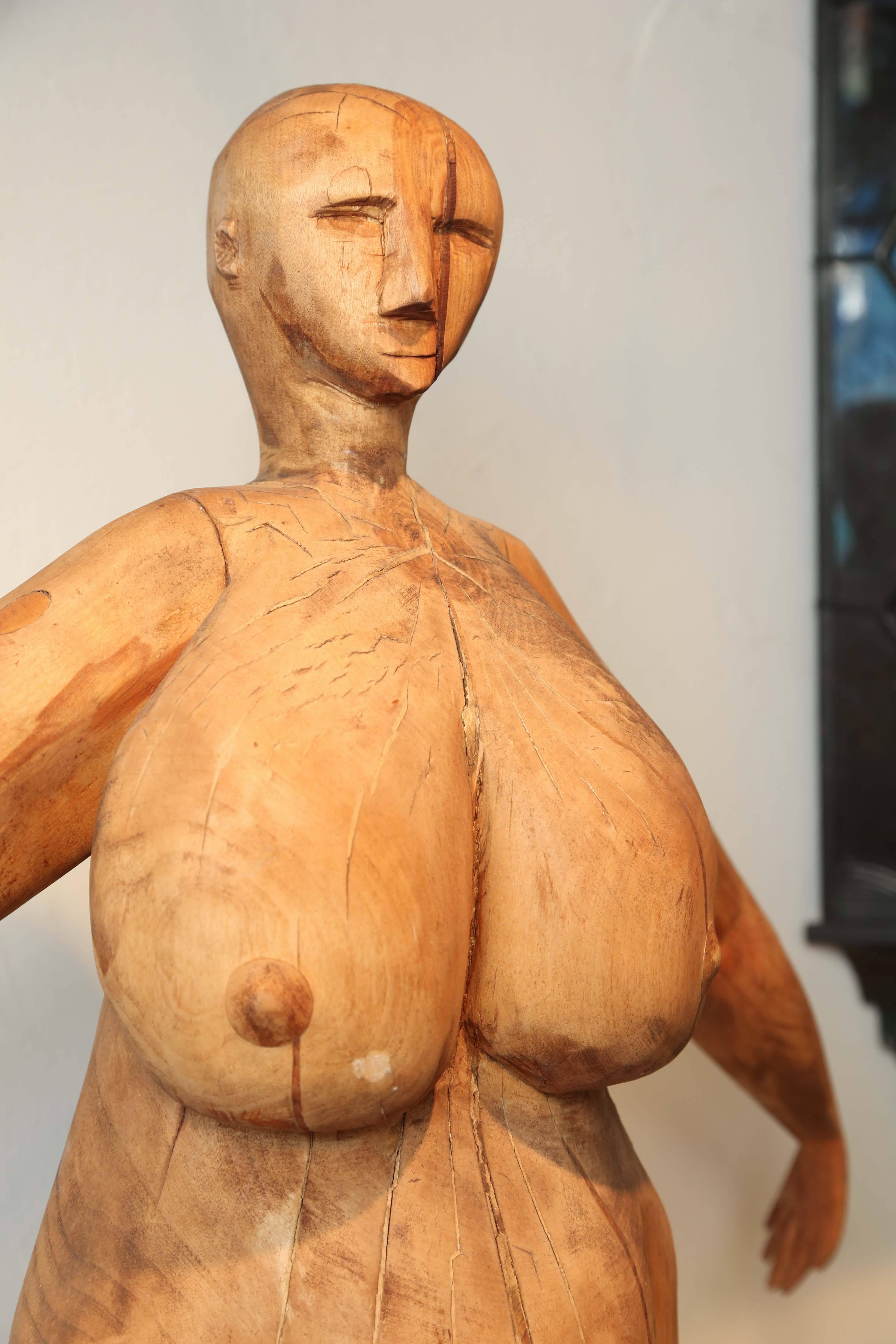 20th Century Cubist Carved Wood Female Sculpture