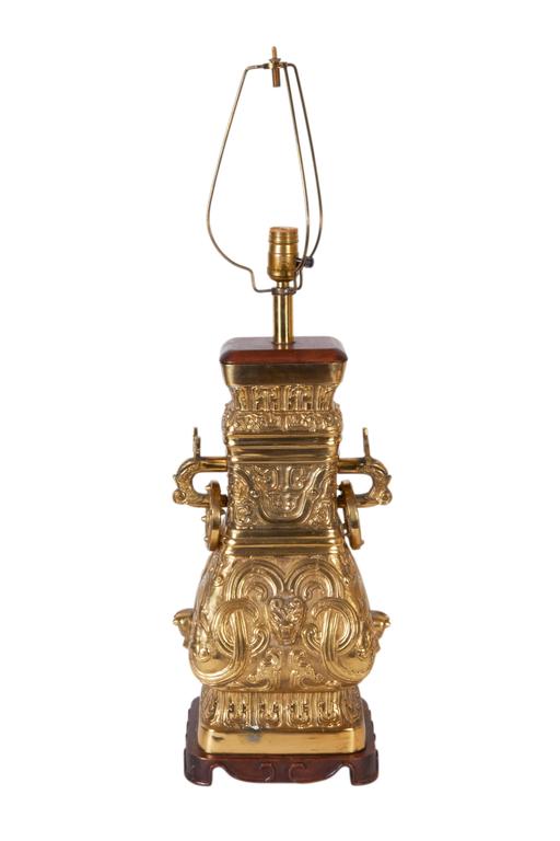 Pair Of Archaic Chinese Vase Form Lamps In The Manner James Mont A Pair Of Vintage Table Lamps In The Manner Designer James Mont With Single