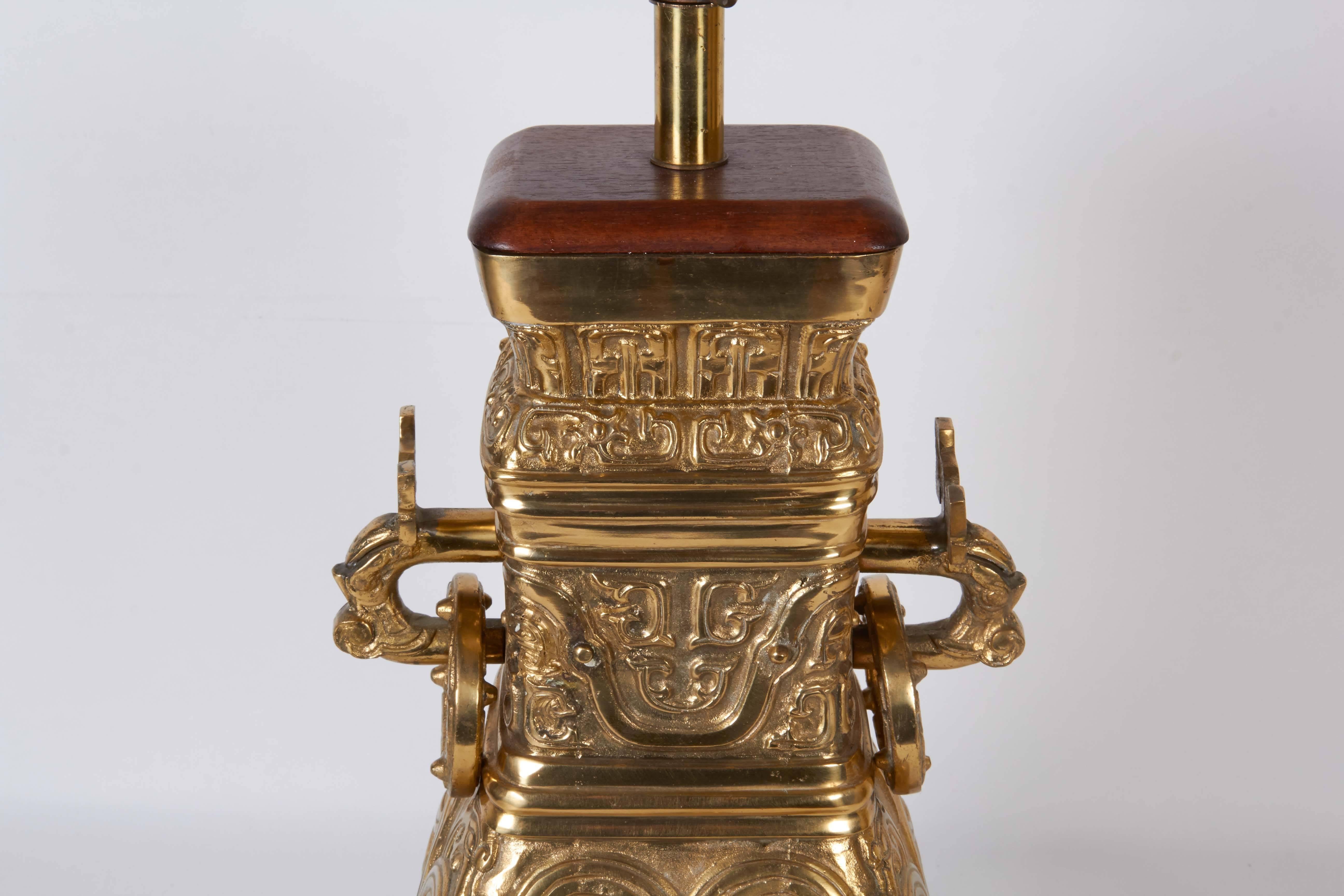 Pair of Archaic Chinese Vase Form Lamps in the Manner of James Mont In Good Condition In Astoria, NY