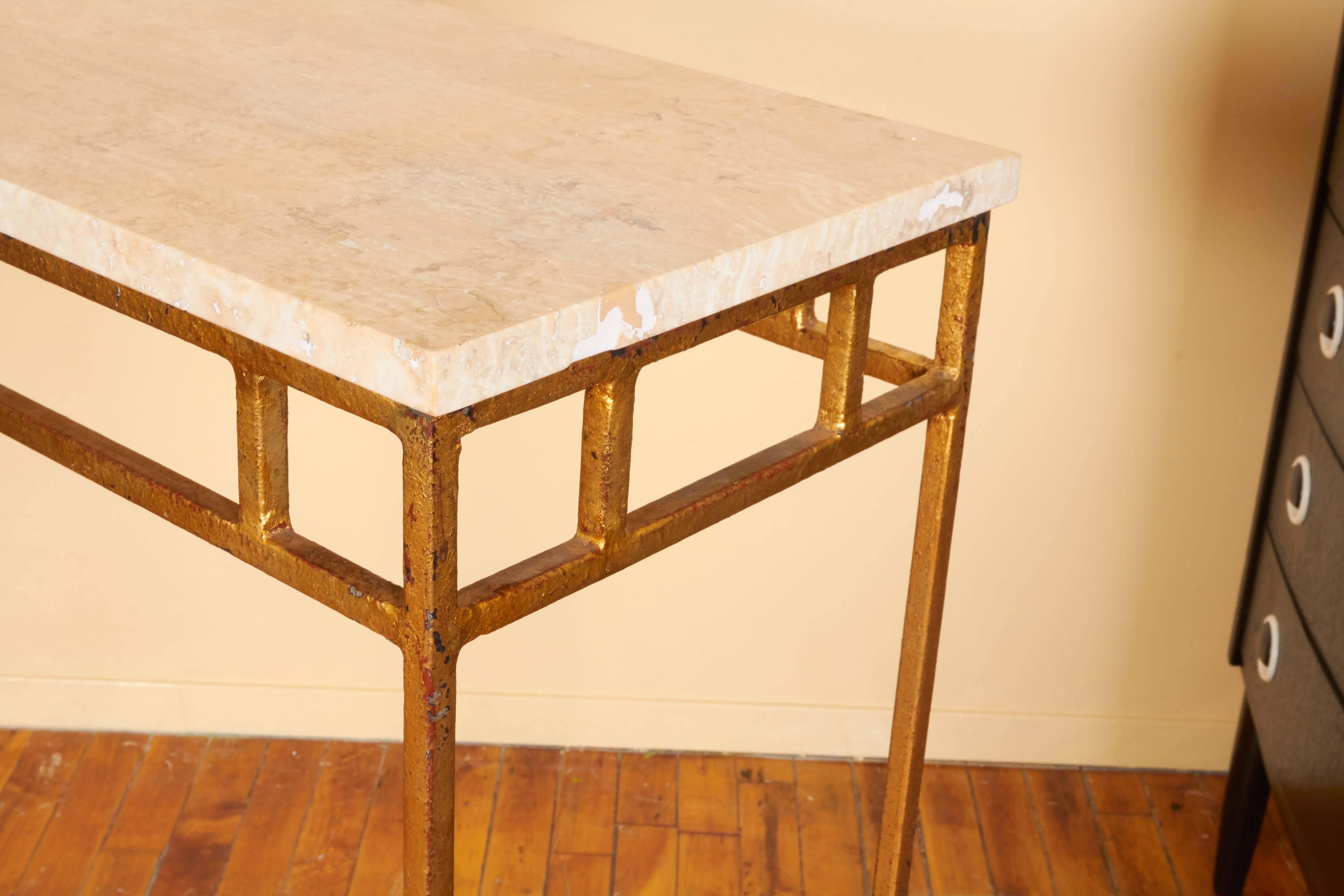 French 1950s Travertine Top Console on Gilt Metal Base In Good Condition In New York, NY