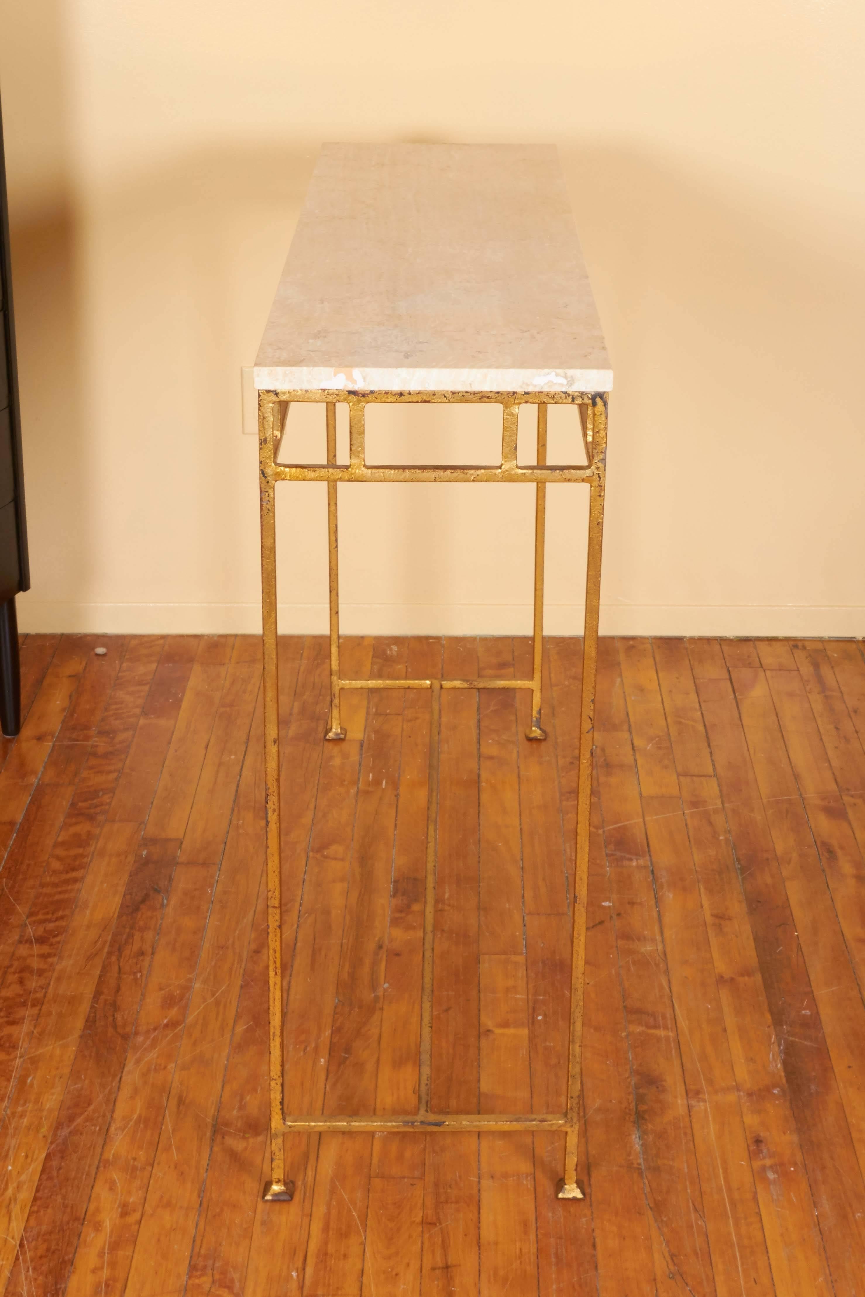 Mid-20th Century French 1950s Travertine Top Console on Gilt Metal Base