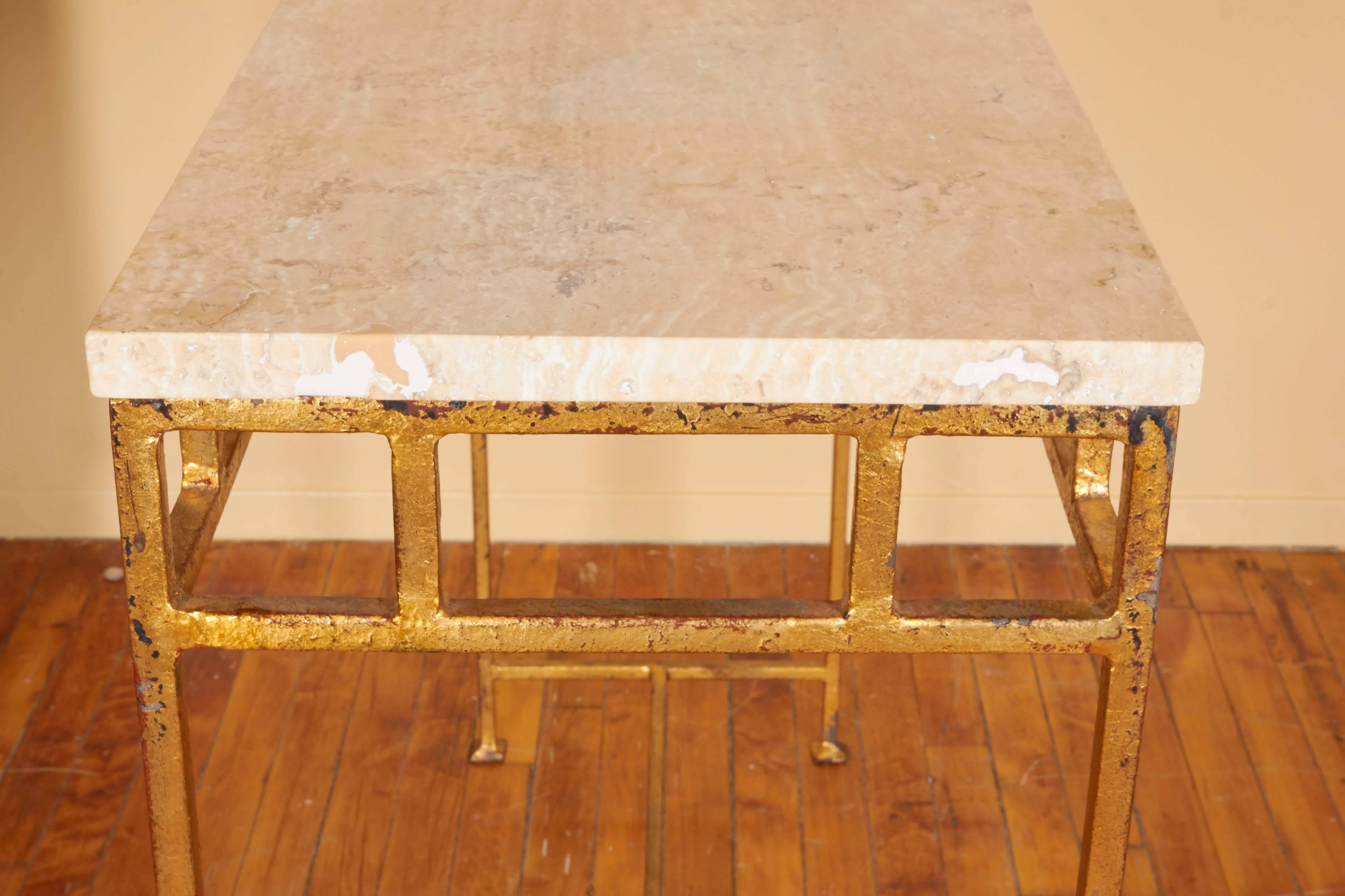 French 1950s Travertine Top Console on Gilt Metal Base 1