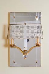 Pair of Italian Two-Light Sconces with Perforated Shades and Mirror Backplates