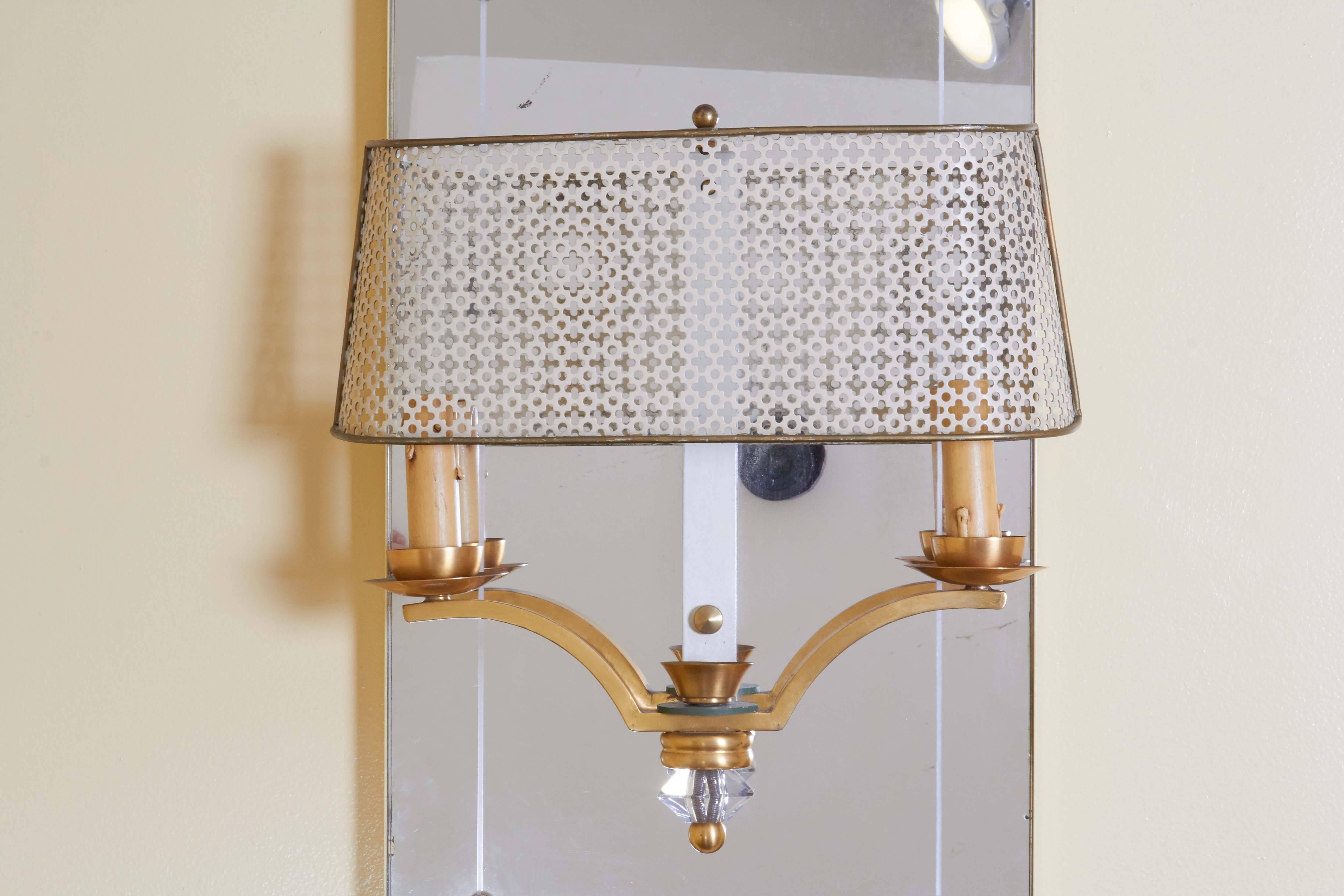 Hollywood Regency Pair of Italian Two-Light Sconces with Perforated Shades and Mirror Backplates