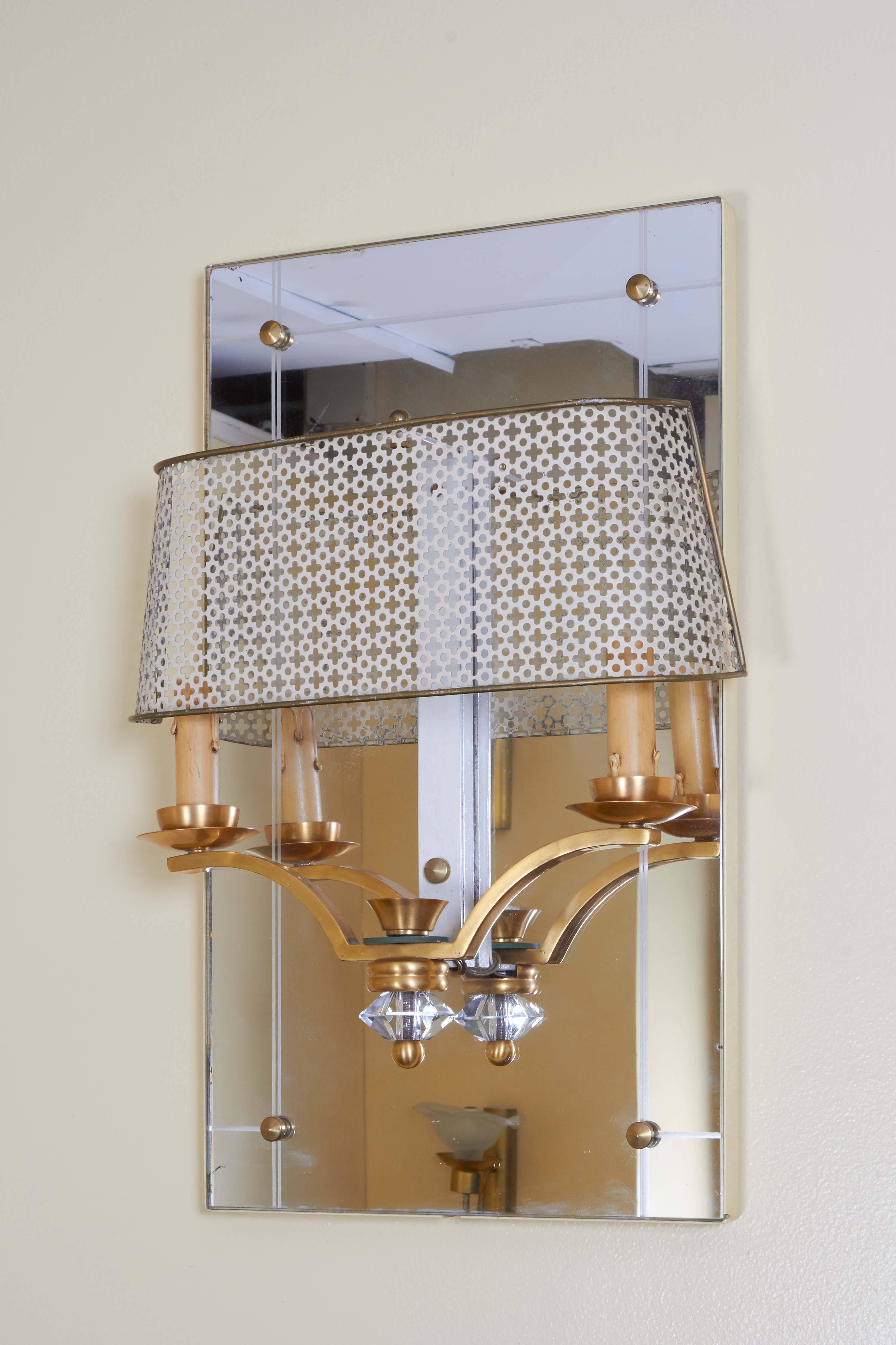 Enameled Pair of Italian Two-Light Sconces with Perforated Shades and Mirror Backplates