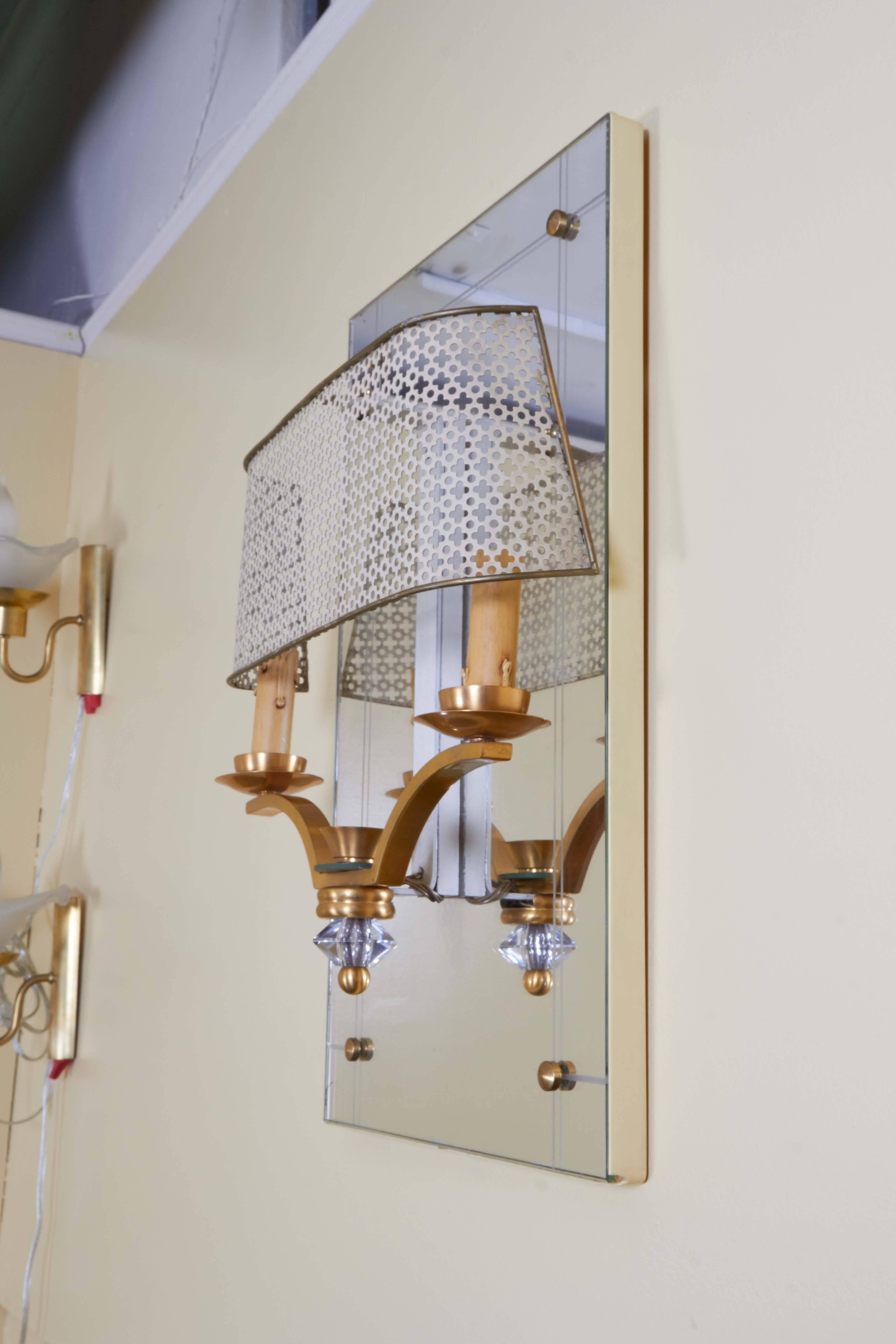 20th Century Pair of Italian Two-Light Sconces with Perforated Shades and Mirror Backplates