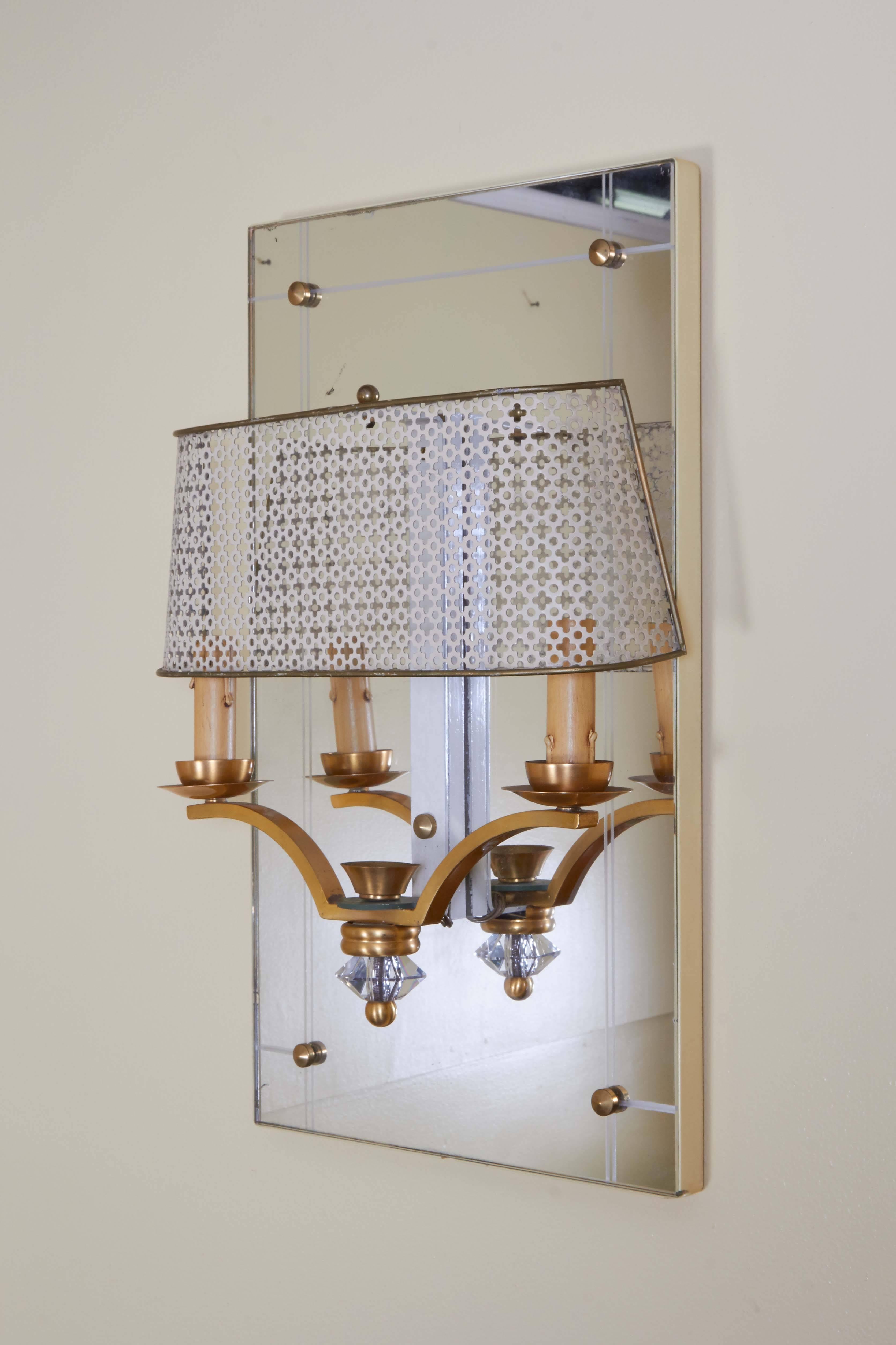 Plastic Pair of Italian Two-Light Sconces with Perforated Shades and Mirror Backplates