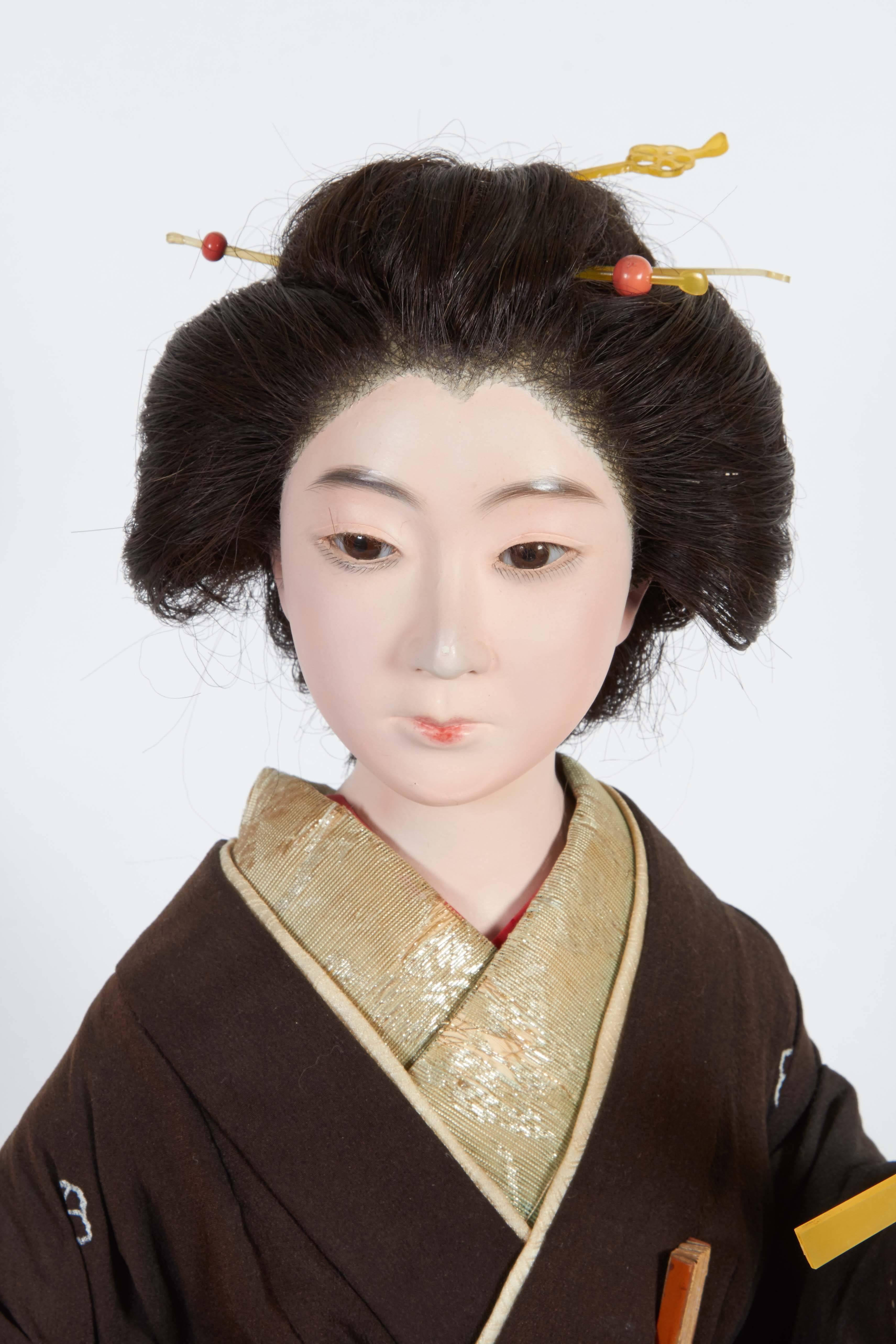 Rare Japanese Iki Ningyo (Living Doll) produced within the Meiji period (1868-1912), circa late 19th to early 20th century, the finely detailed, elegant lady dressed in a kimono. Very good antique condition. 11100.