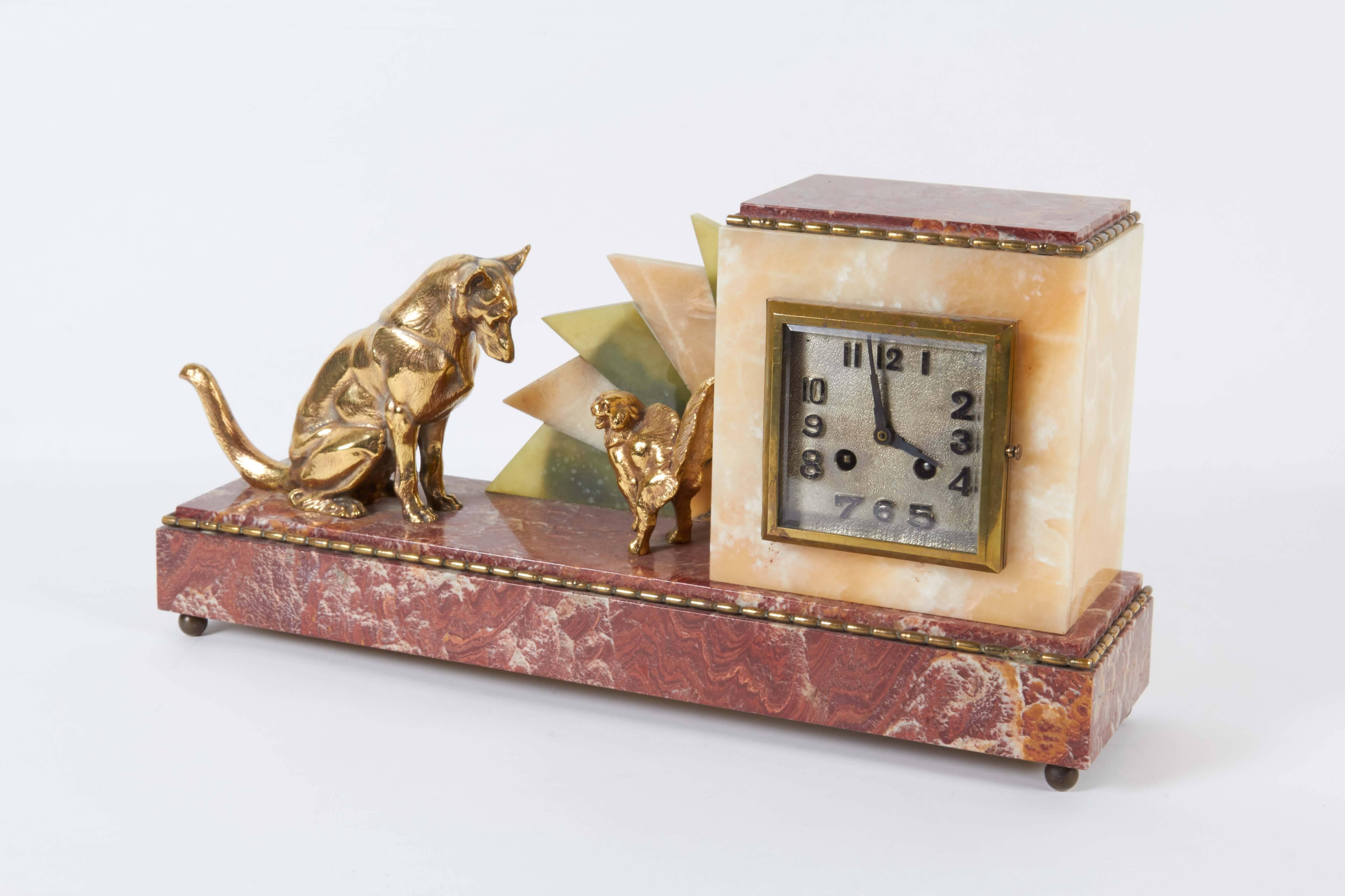 American Art Deco Marble Mantel Clock with Cat and Dog