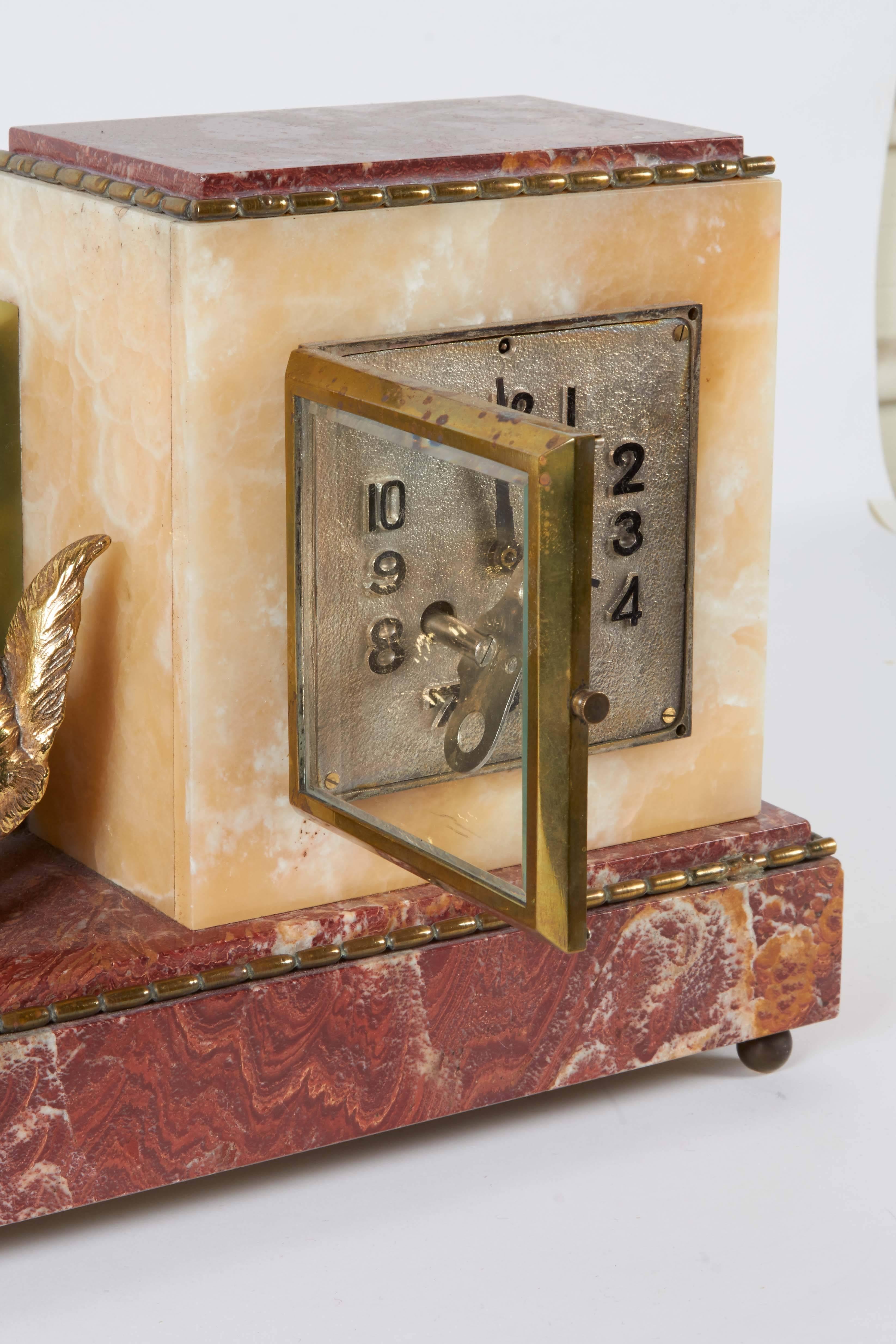 Art Deco Marble Mantel Clock with Cat and Dog 1