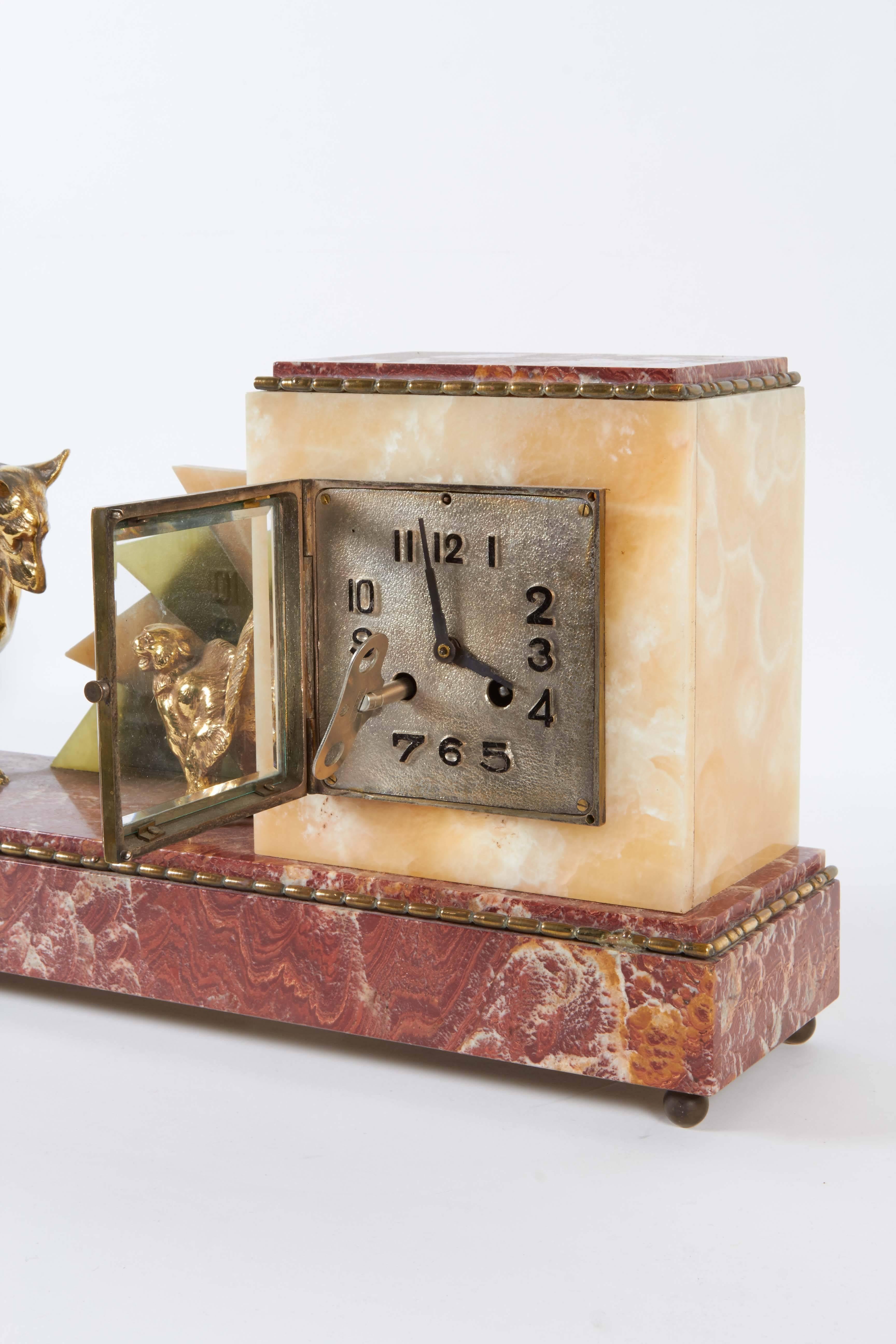 Art Deco Marble Mantel Clock with Cat and Dog 2