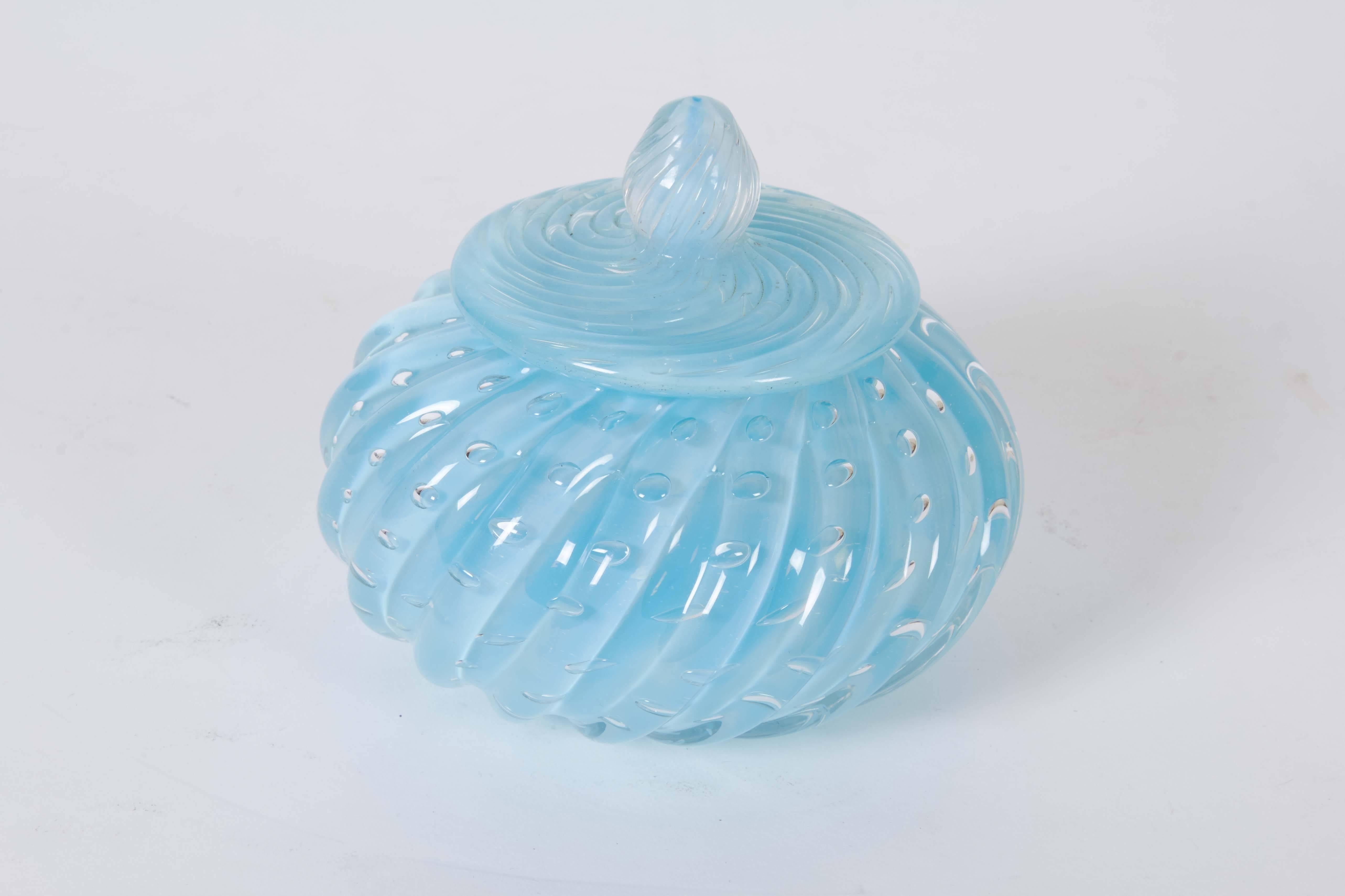 Opaline Glass Set of Three Seguso Murano Glass Covered Vanity Jars with 'Bullicante'