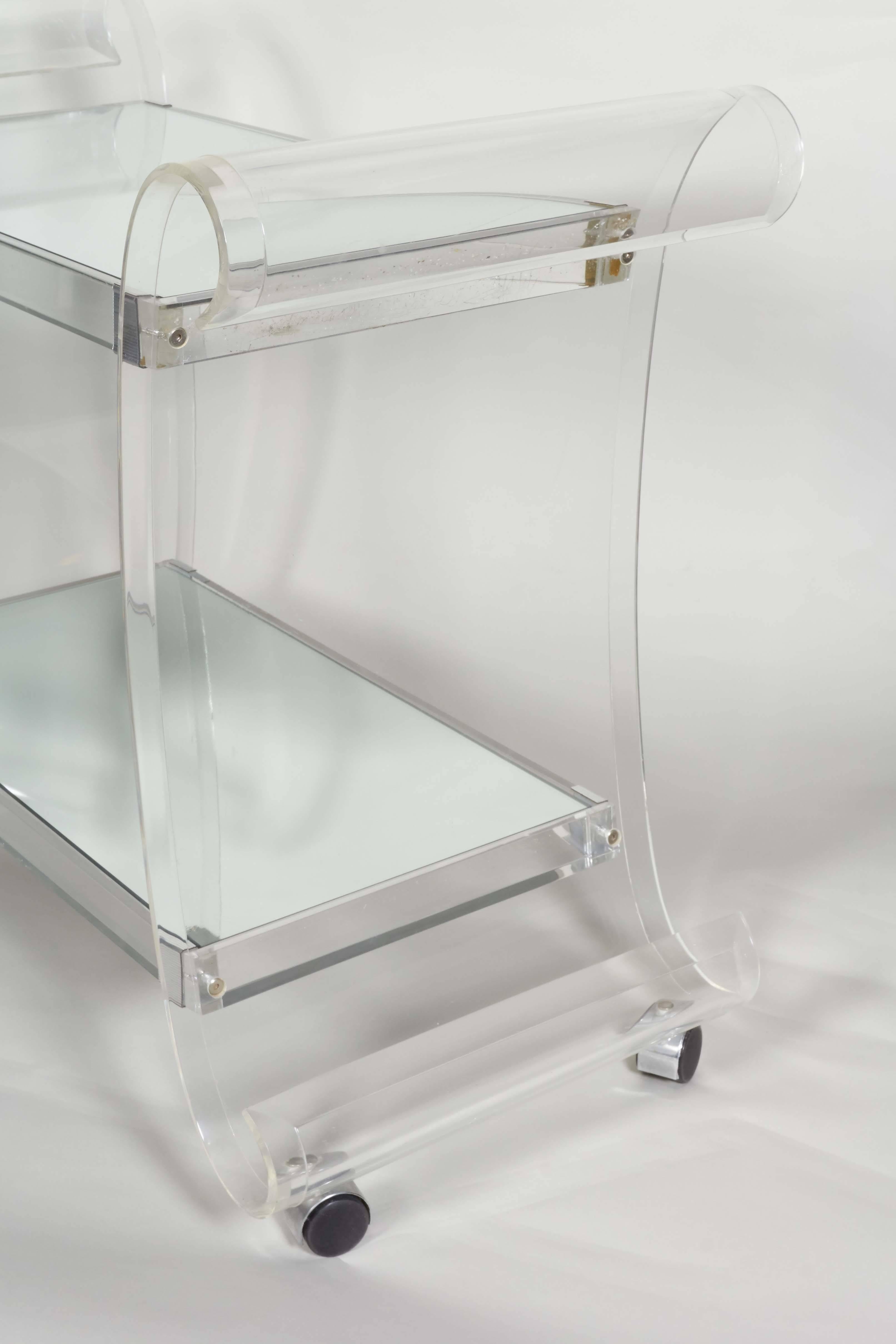 Charles Hollis Jones Lucite Scroll Bar Cart with Mirrored Shelves In Good Condition In New York, NY