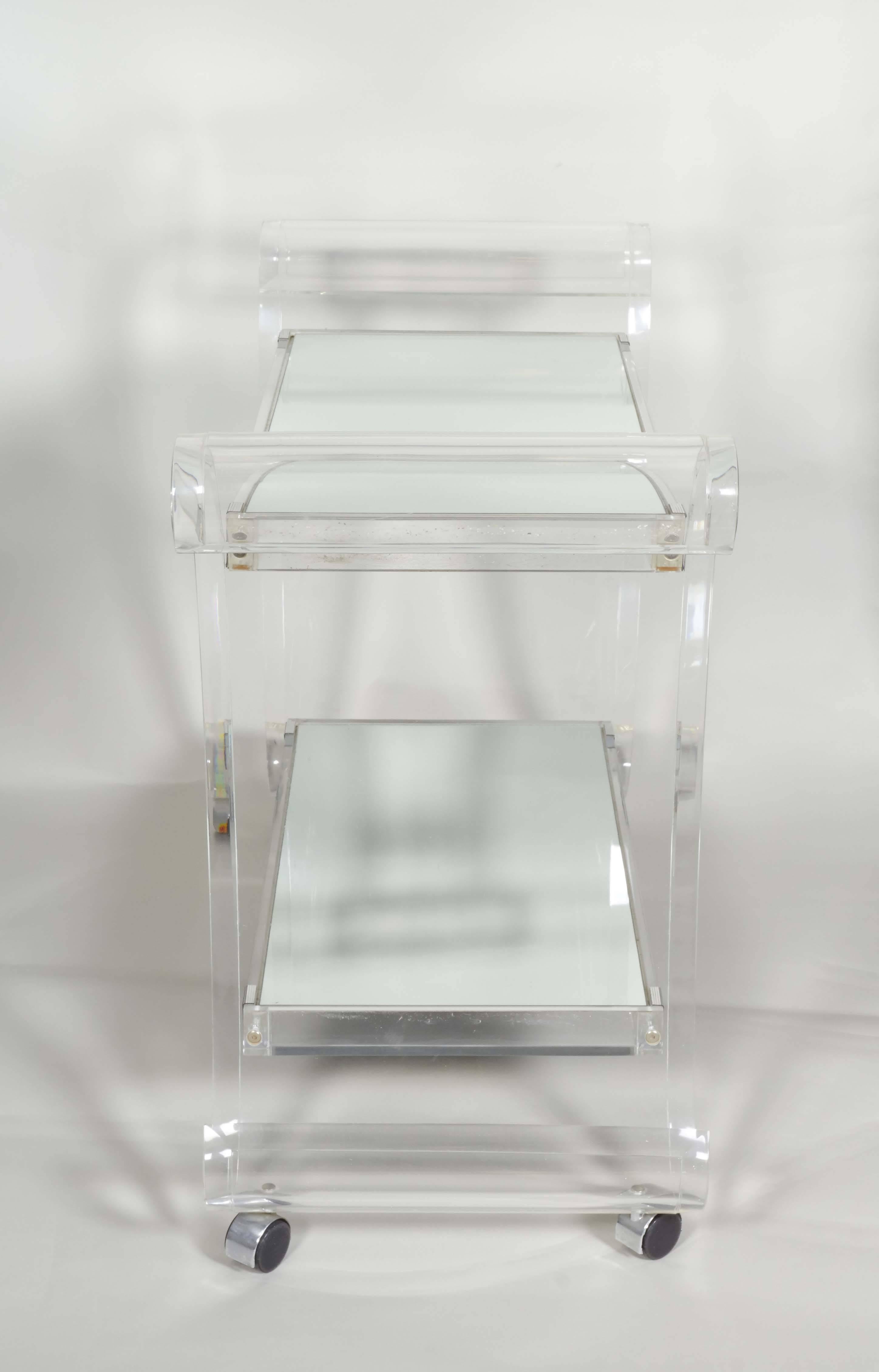 Late 20th Century Charles Hollis Jones Lucite Scroll Bar Cart with Mirrored Shelves