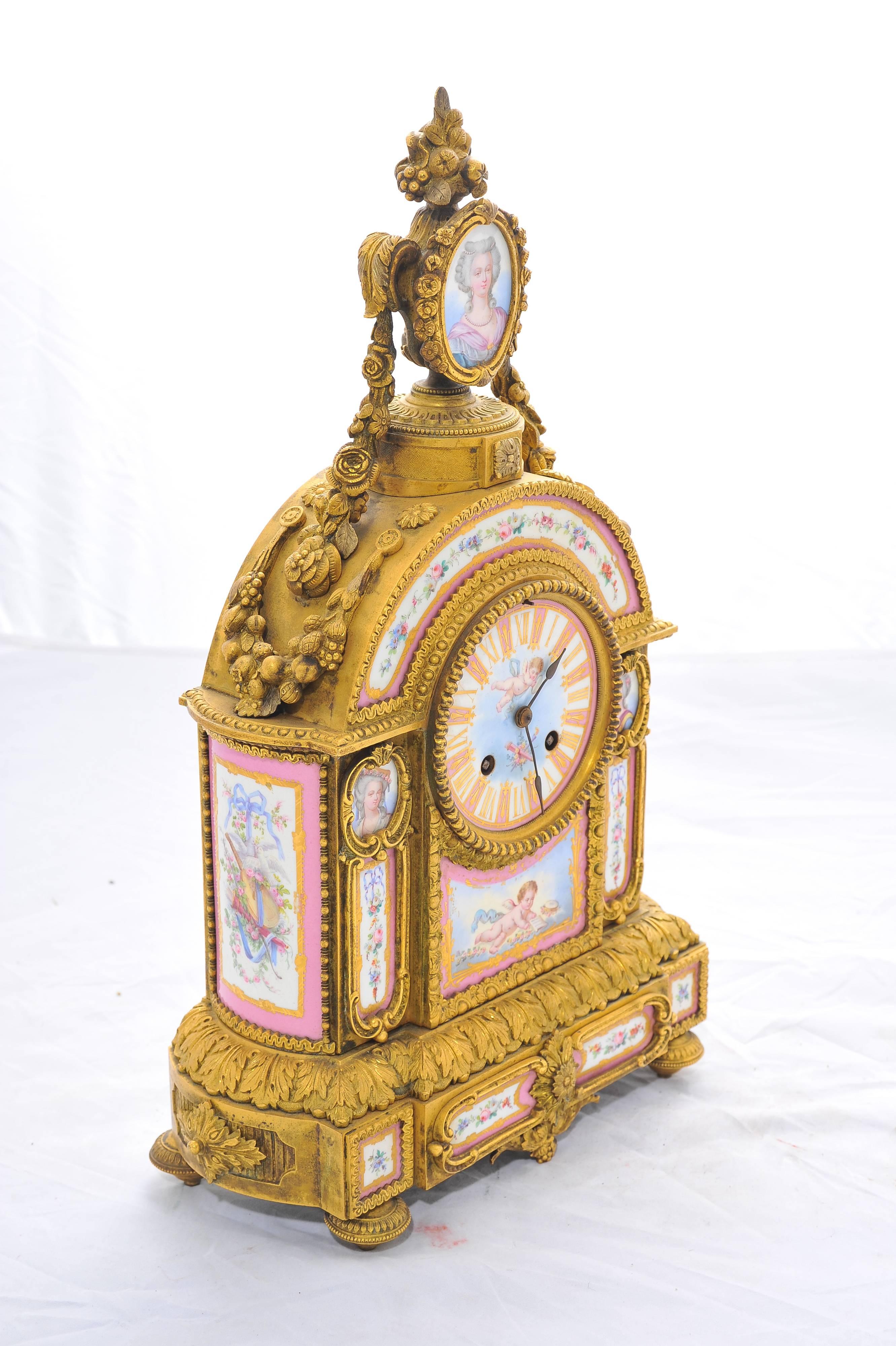 French 19th Century Pink 'Sevres' Porcelain Mantel Clock For Sale