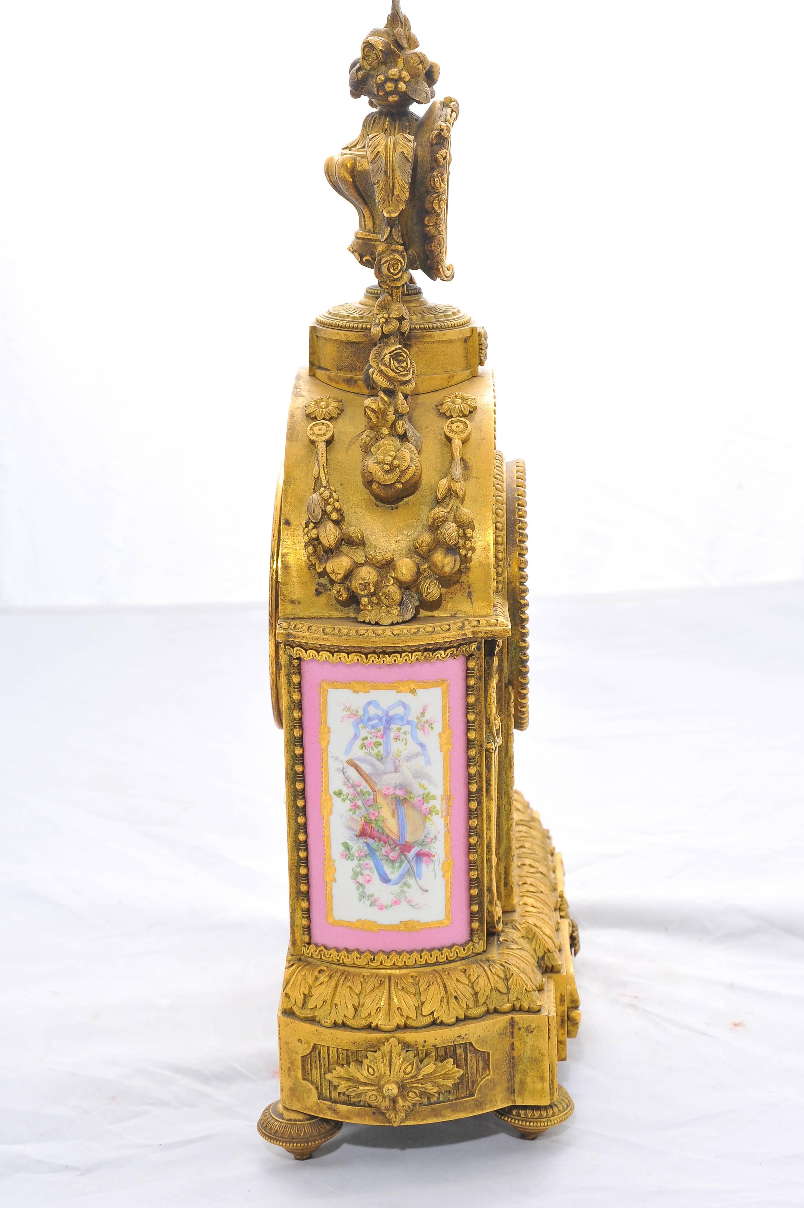 Hand-Painted 19th Century Pink 'Sevres' Porcelain Mantel Clock For Sale