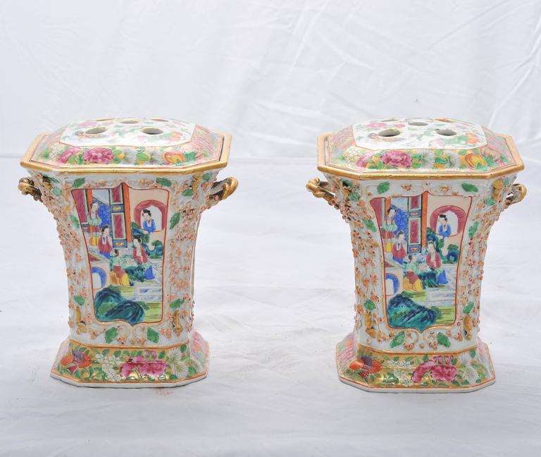 Pair of 19th Century Canton/ Rose Medallion Flower Vases at 1stDibs